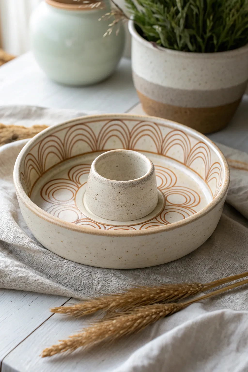 Minimal wave line art wraps the chip ring, with a calm matching dip well for serene contrast.