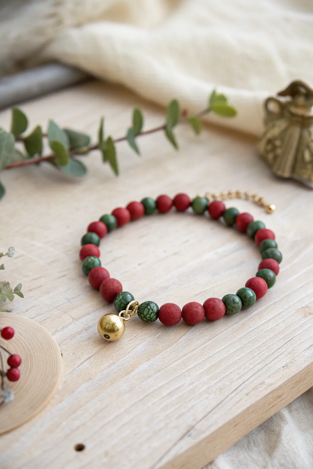 Festive red and green clay bead bracelet with a tiny jingle bell charm, simple and chic.