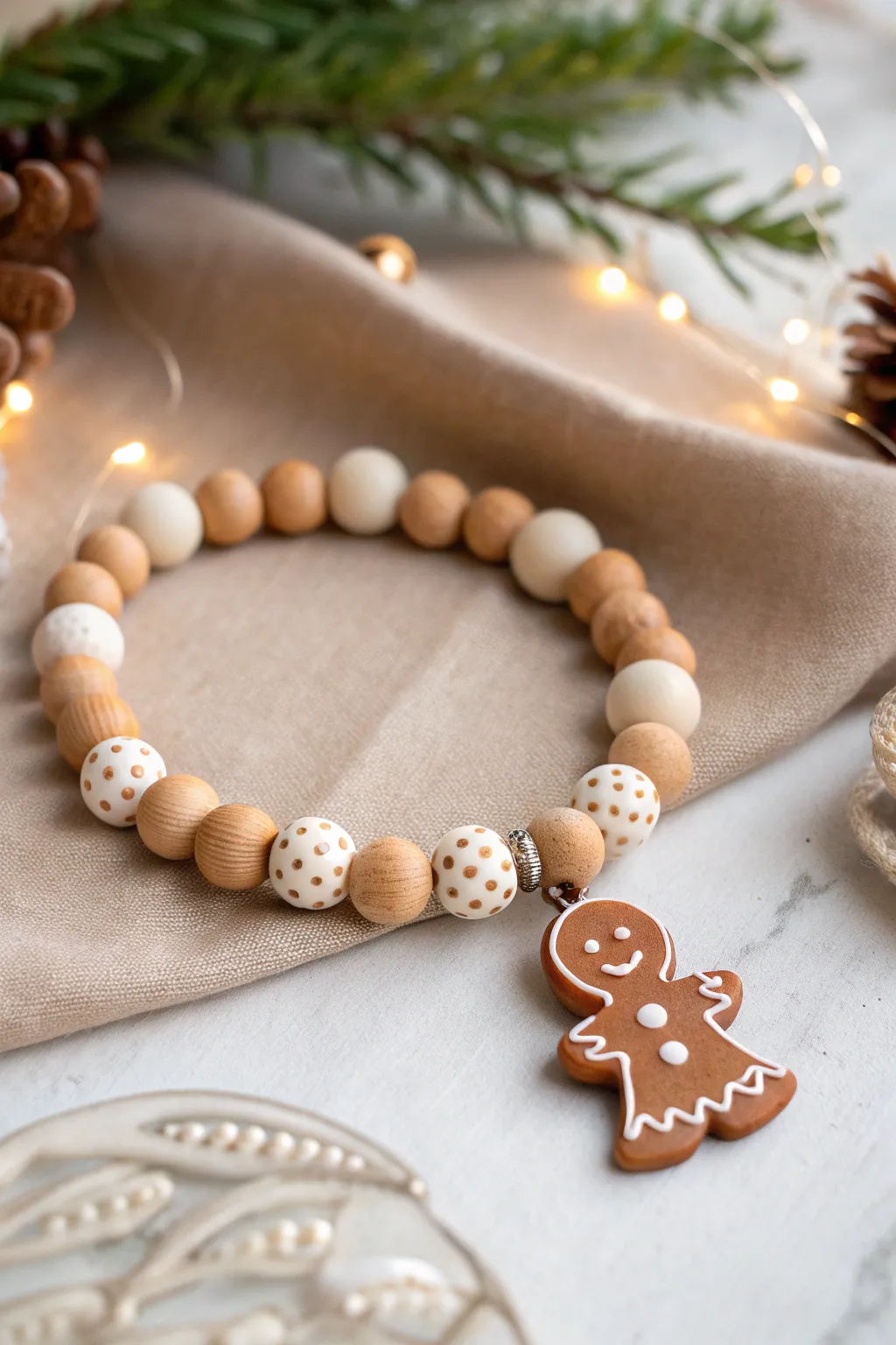 Gingerbread neutral clay bead bracelet with delicate white icing dots for a cozy Christmas feel