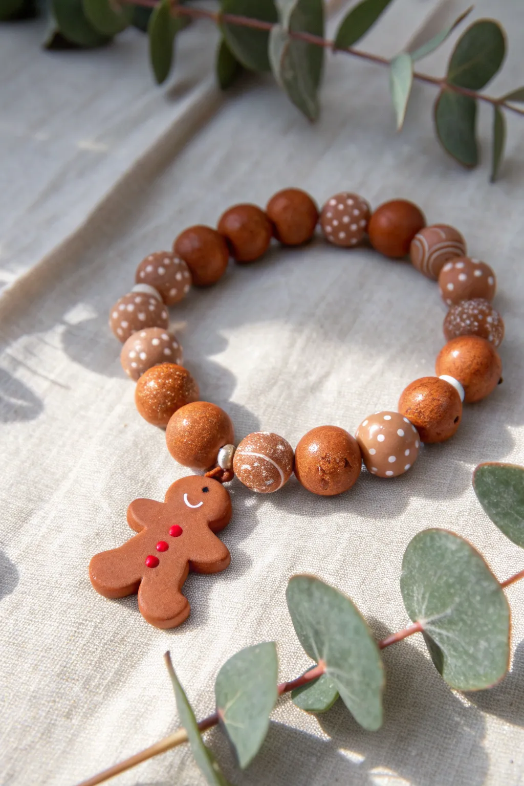 Gingerbread-inspired clay bead bracelet with icing details and a tiny charm, cozy and minimal.