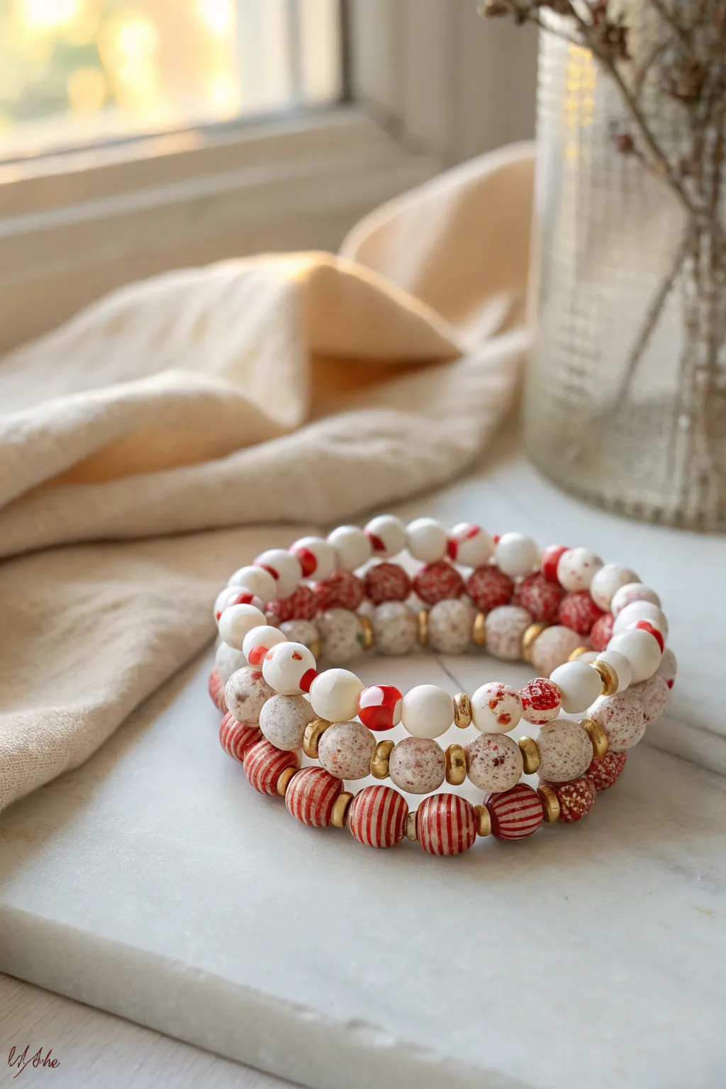 Peppermint confetti clay bracelets stacked in a cozy minimalist holiday palette with gold sparkle.