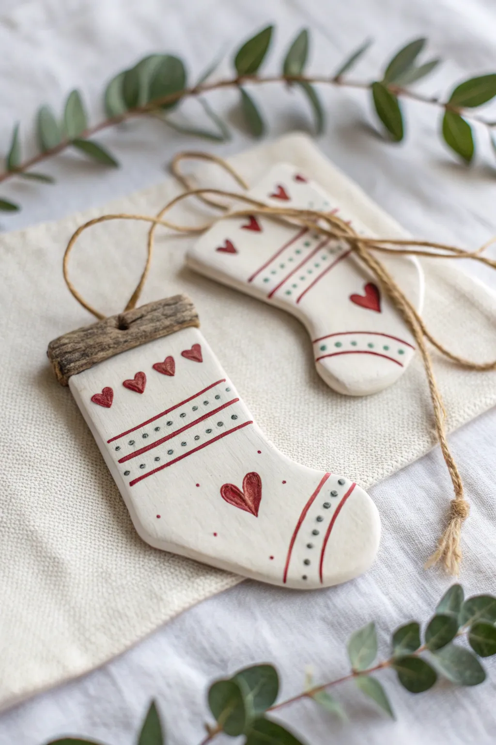 Minimal clay stocking and mitten ornaments with stripes and heart, ready to hang for Christmas.