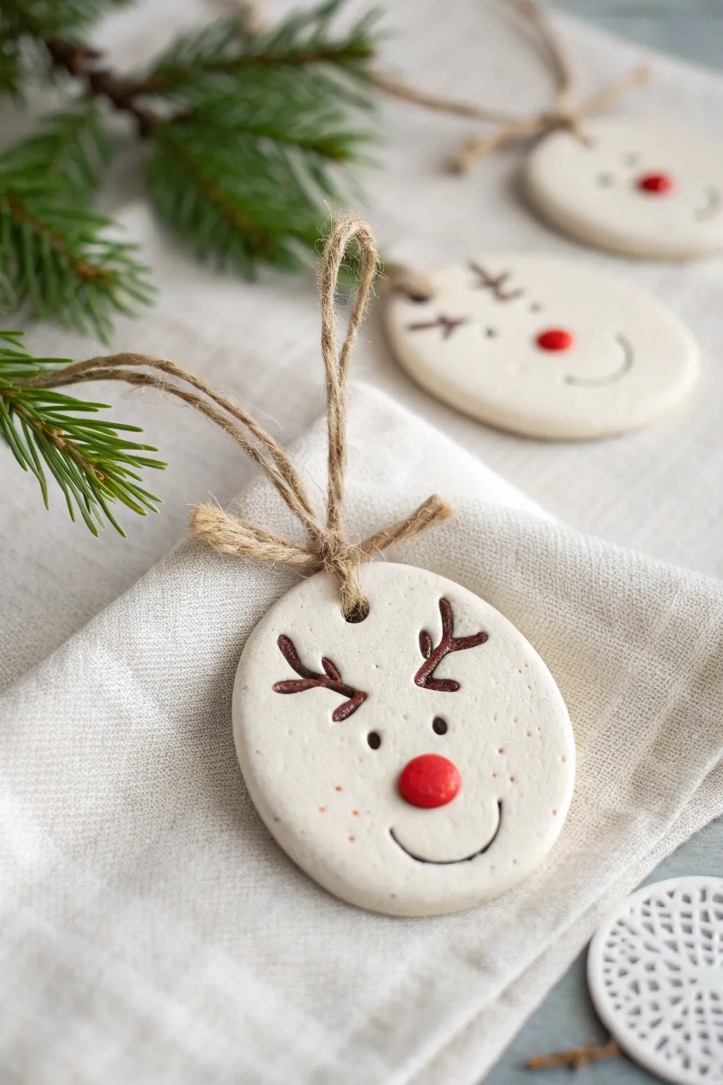 Minimal clay reindeer ornaments with twine hangers, simple antlers, and one bold red nose.