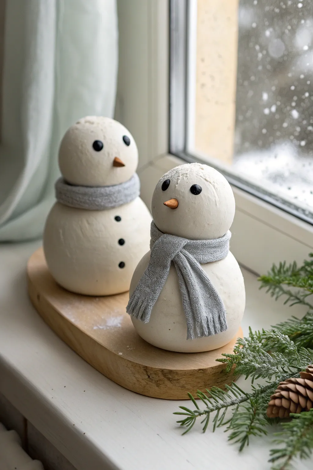 Neutral-toned clay snowman duo with soft gray scarves for a calm, modern Christmas shelf.