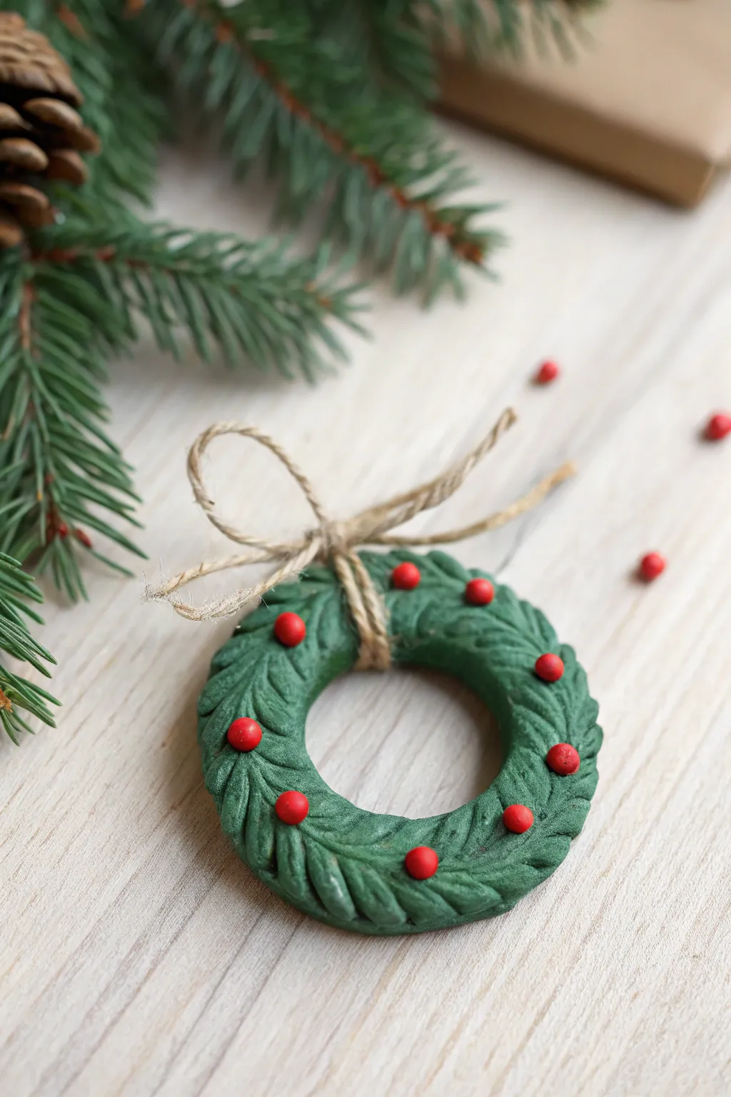 Chunky green clay wreath with red berry dots and twine bow, a simple kid friendly ornament.