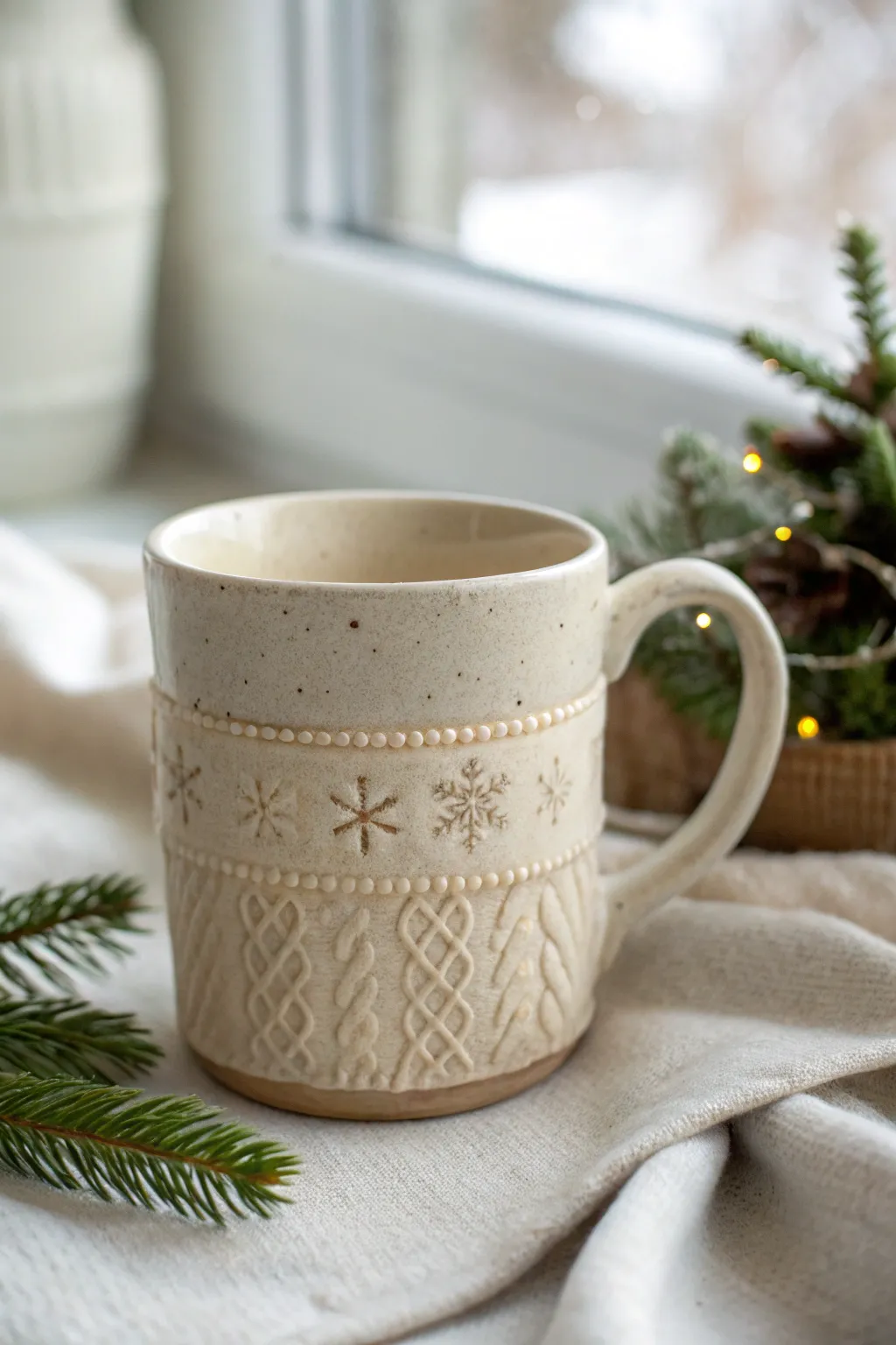 Cozy Christmas clay mug with an ugly sweater knit band, minimalist Scandinavian boho vibe.