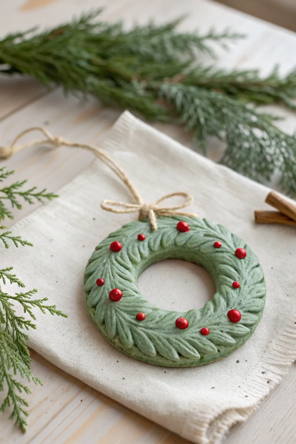 Cozy clay wreath ring ornament with red berries and twine bow, simple Nordic Christmas charm.