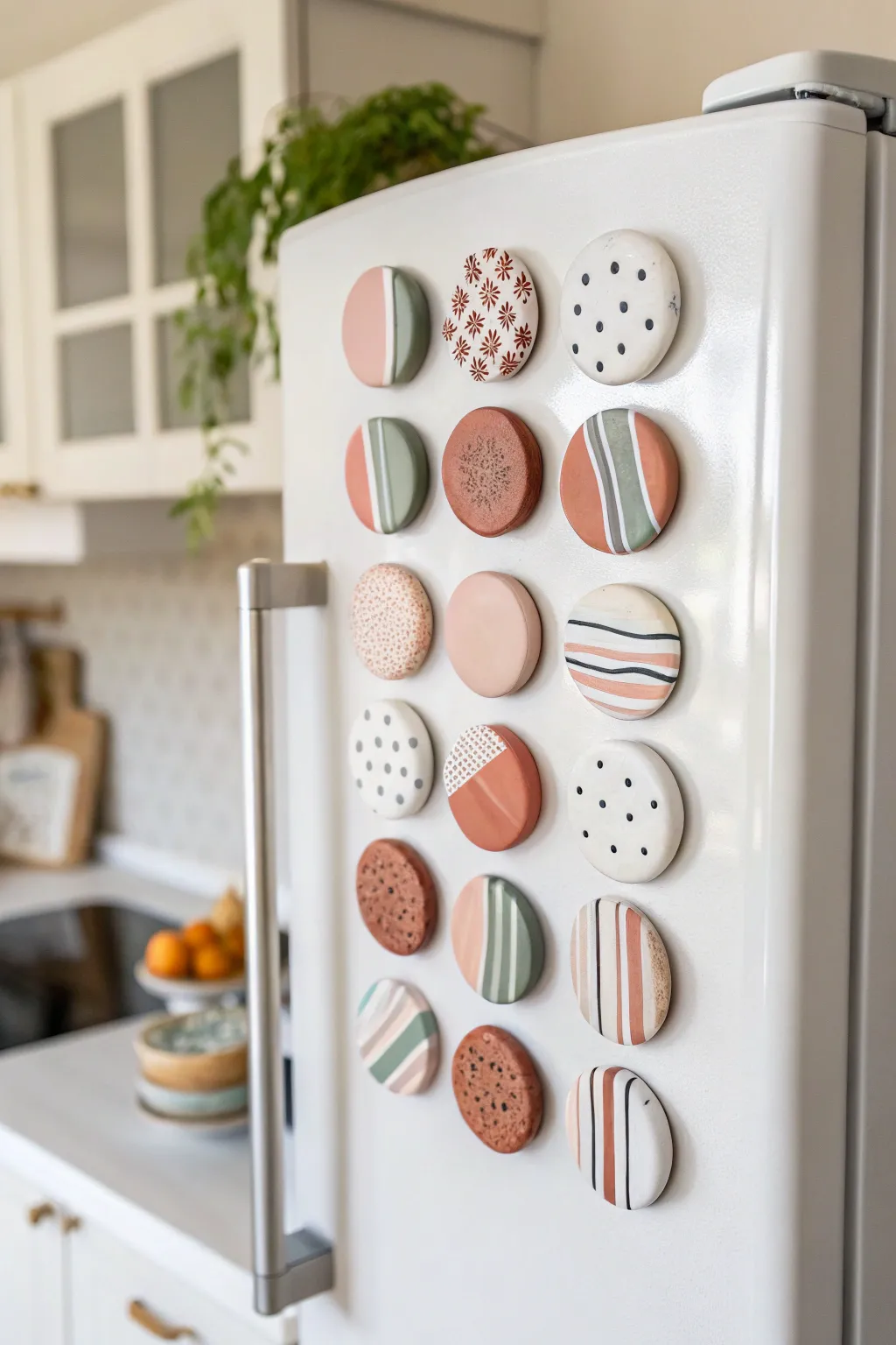 Mini clay circle magnets in a calm grid, mixing soft colors and simple patterns with contrast