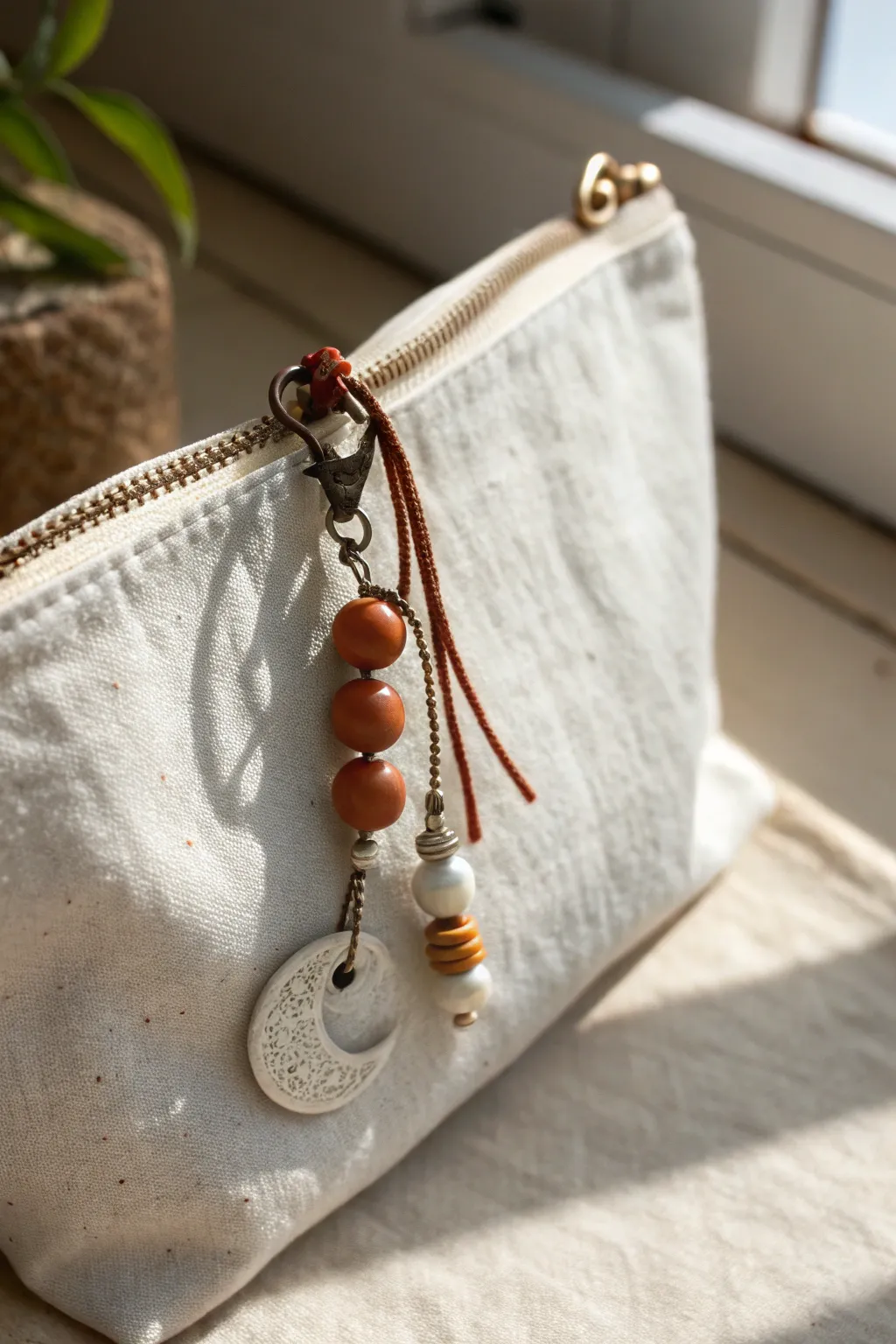 Simple clay bag charms as zipper pulls on a linen pouch, minimal, boho, and beginner-friendly