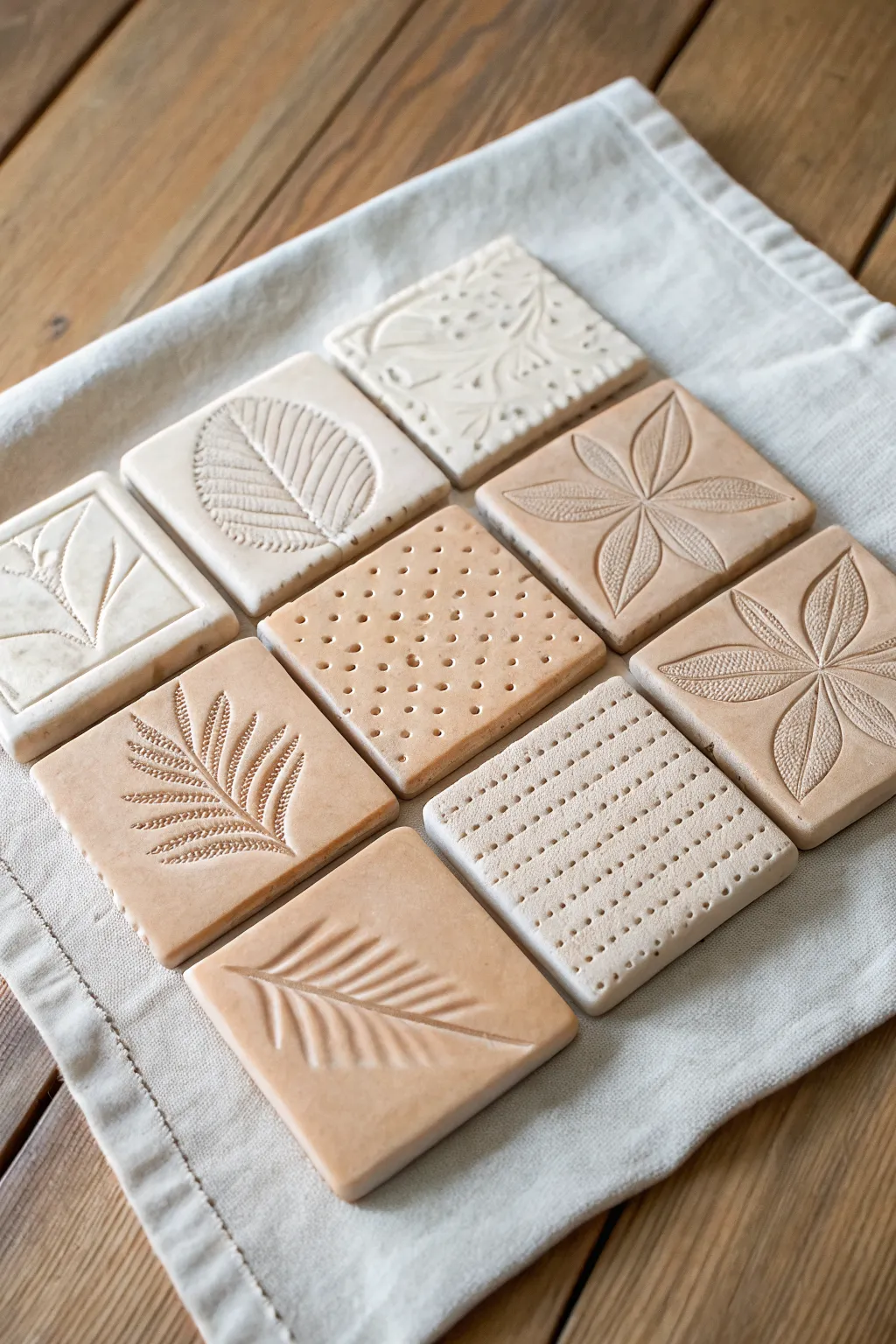 Textured clay tiles in soft neutrals, showcasing simple imprints and handcrafted charm.