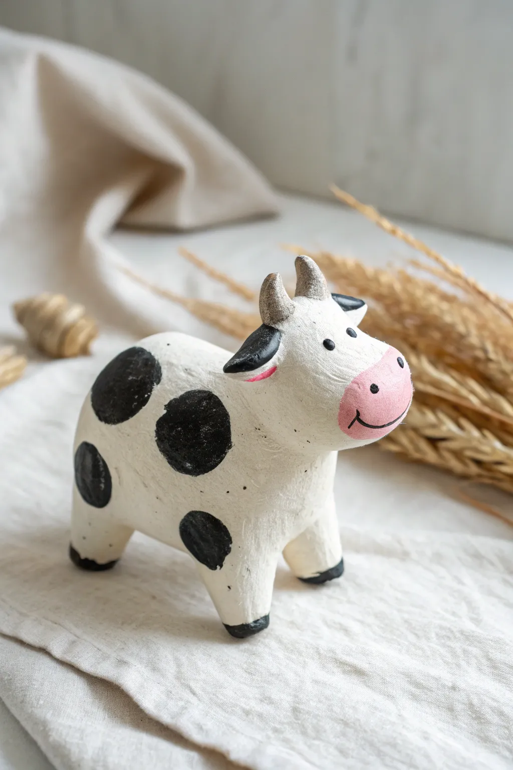 Sweet minimalist clay cow with spot patches and tiny horns, perfect beginner animal idea.