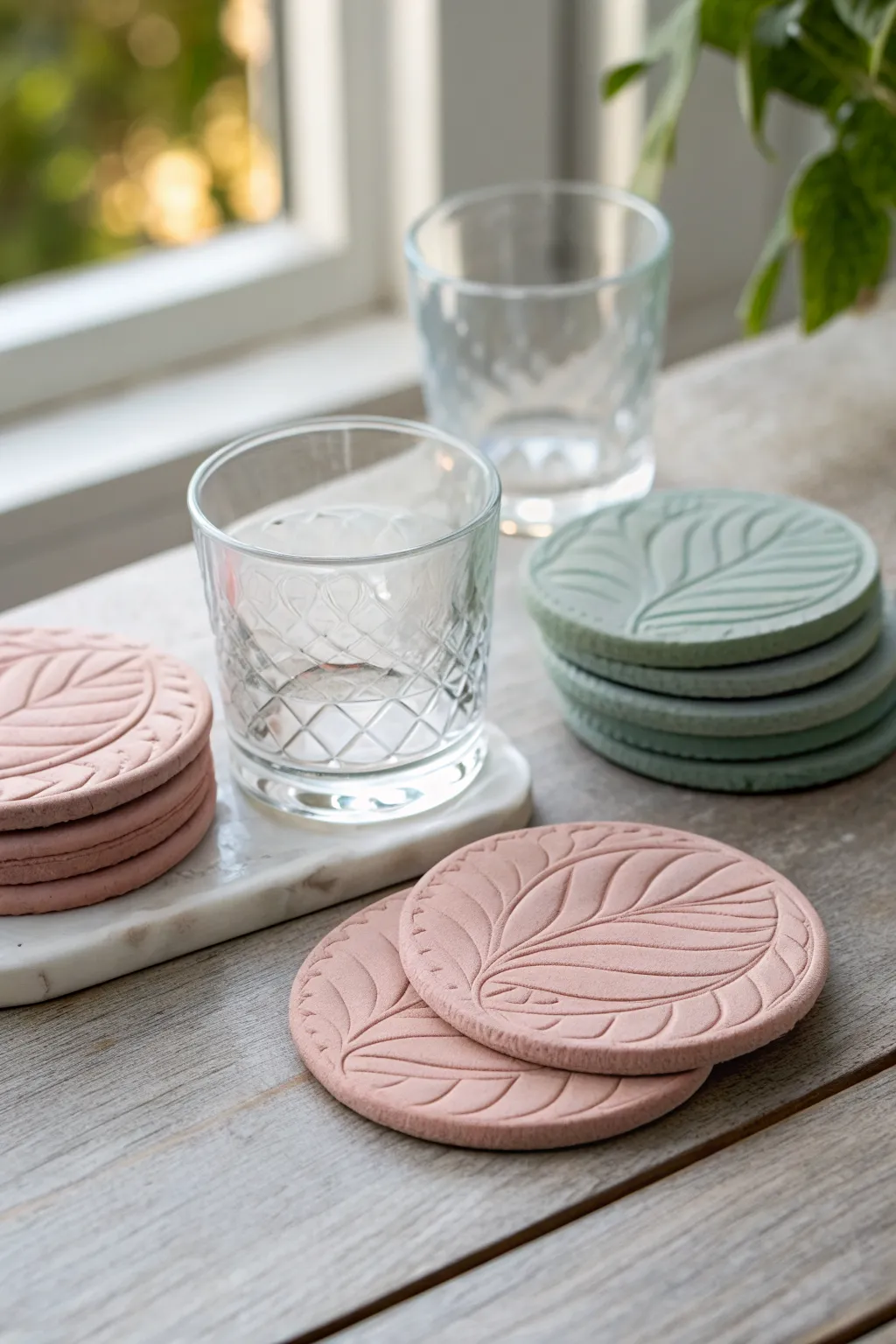 Stamped clay coasters in blush and sage, a cozy matching set for an easy clay art date.