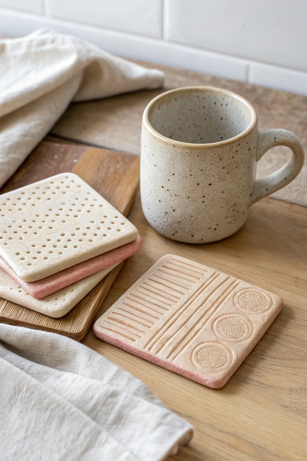 Textured clay slab coasters in a soft neutral stack, perfect for cozy minimalist tables.