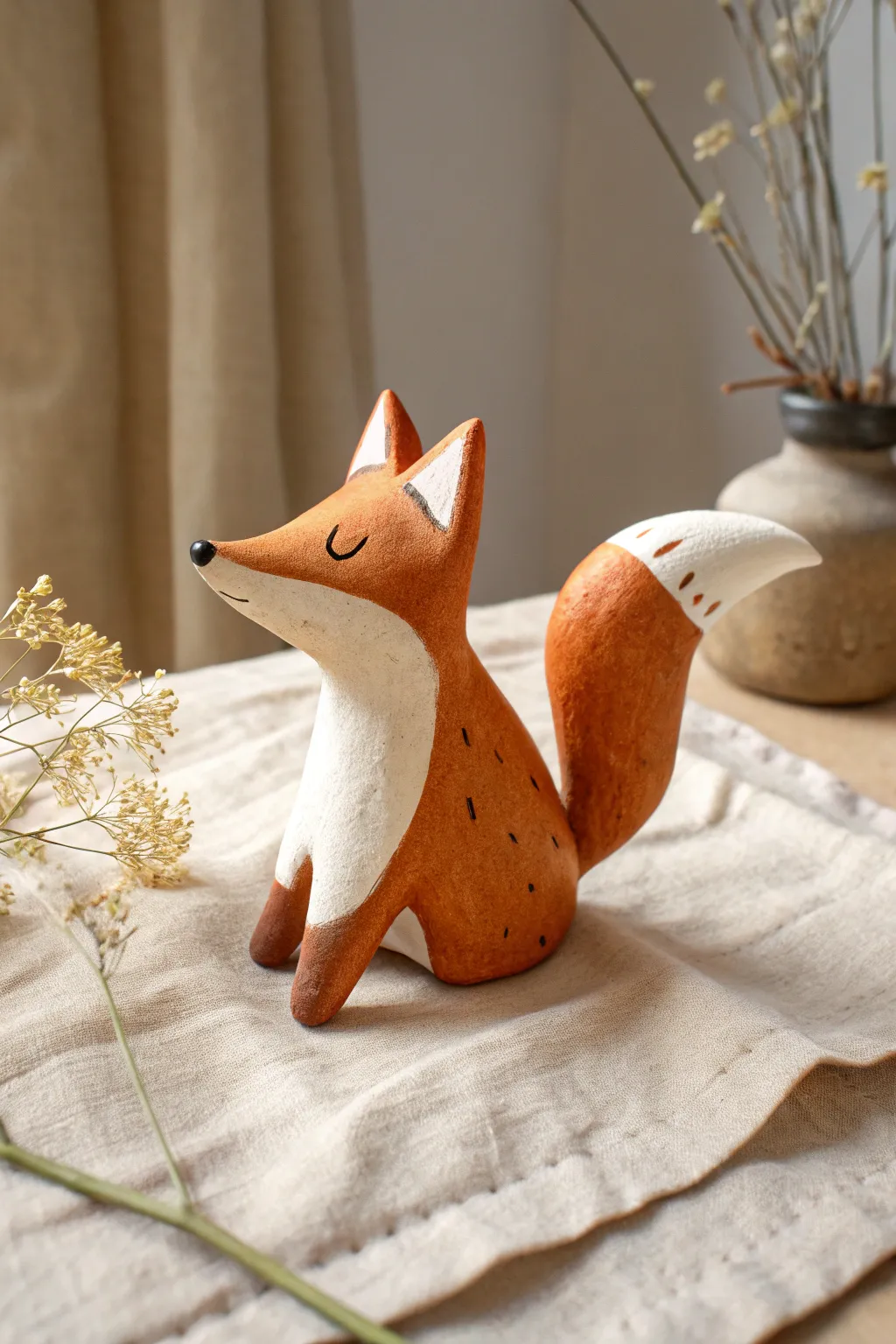 Simple clay fox with curled tail, Scandinavian minimal style with cozy boho warmth.