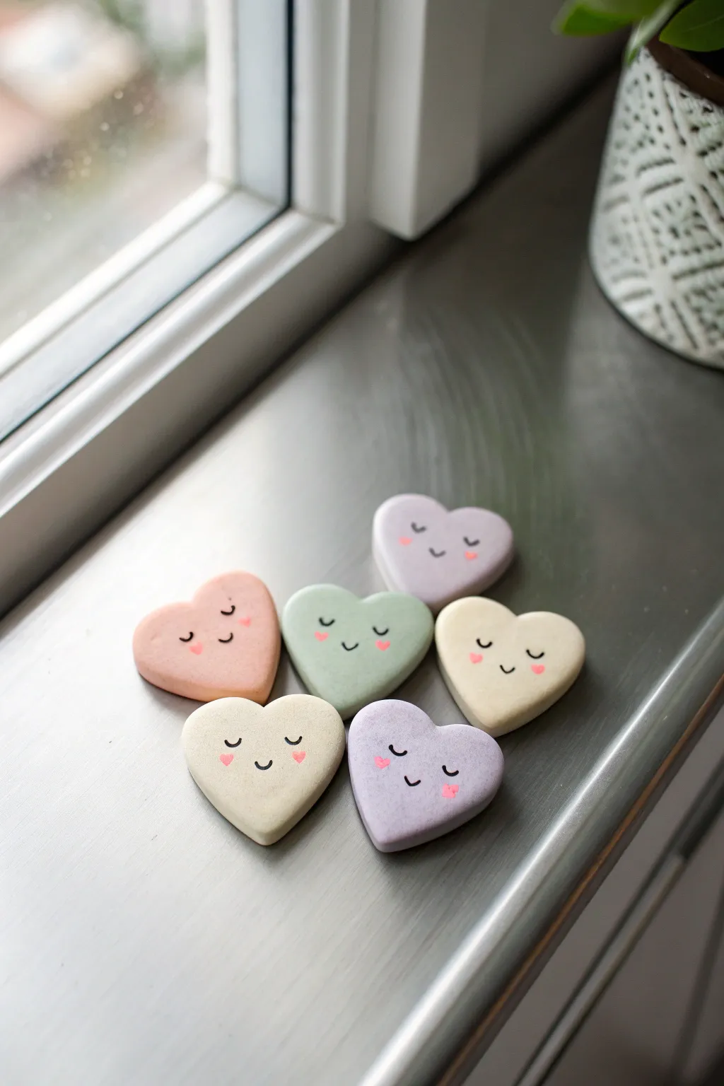 Pastel heart cheek magnets with tiny faces, a sweet minimalist set for your fridge.