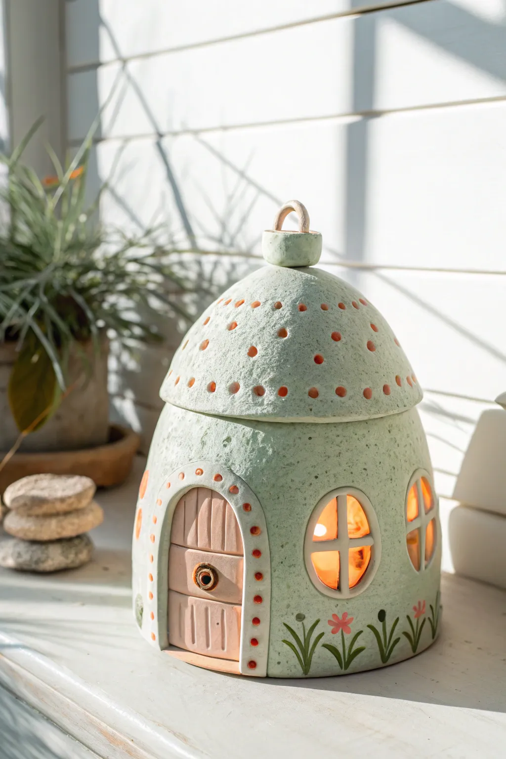 Sweet clay fairy house lantern with tiny door and windows, simple texture, soft pastel charm