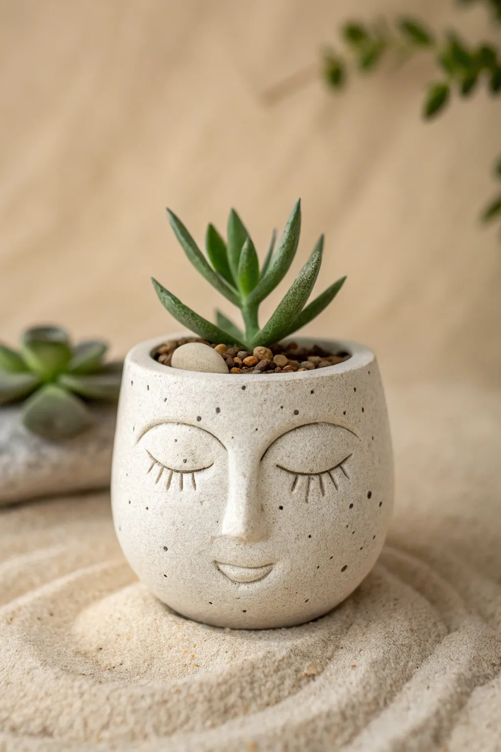 Simple serene clay face planter with a tiny plant, minimalist Scandinavian look with soft boho warmth