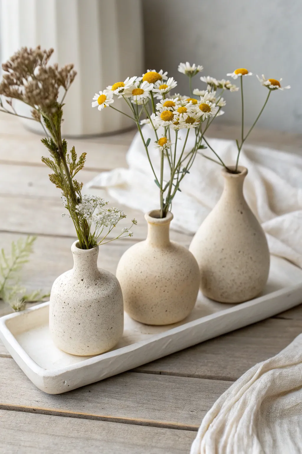 Three tiny magnet bud vases with single blooms, an easy clay project for bright minimalist decor.