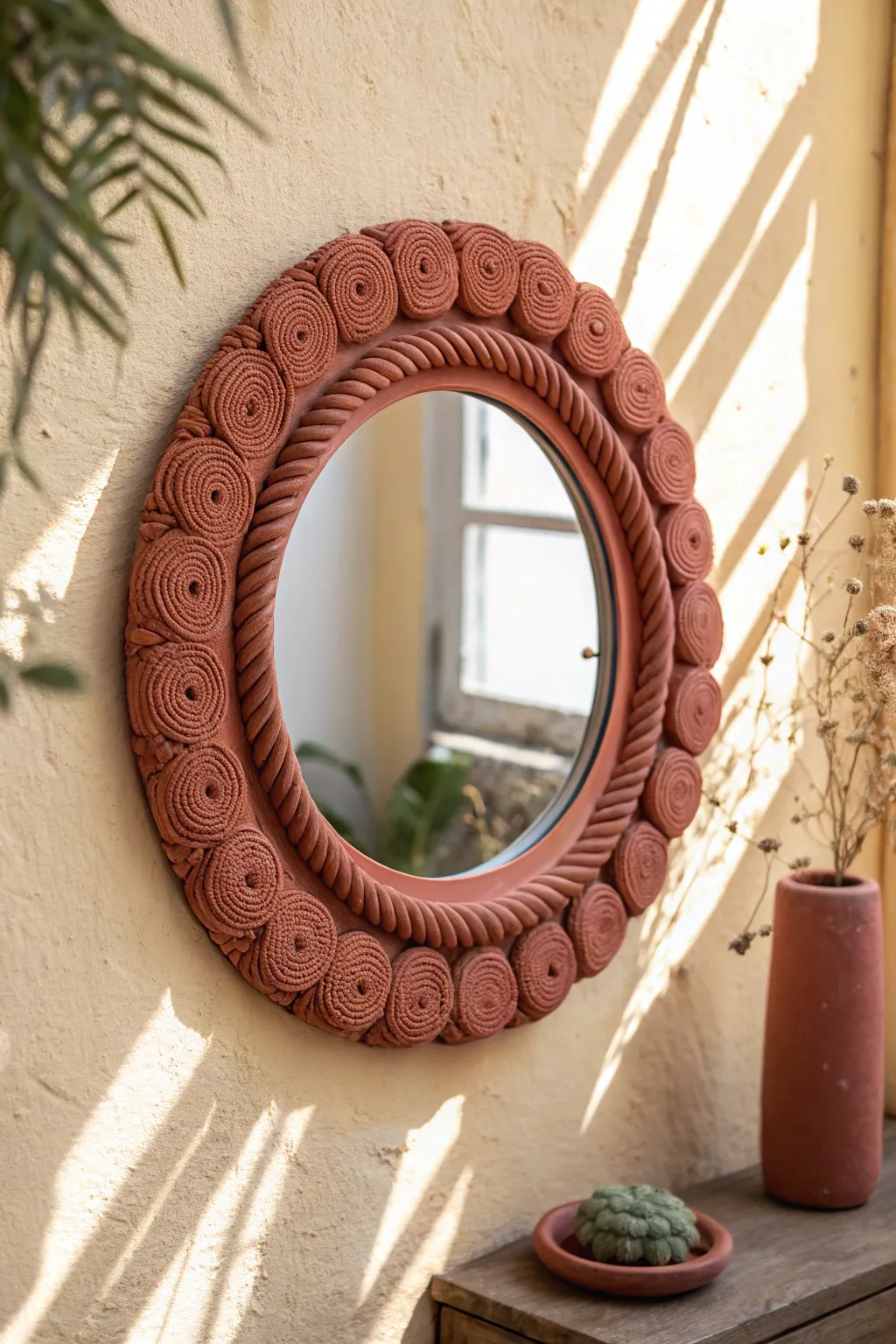 Chunky coiled clay mirror frame in bold matte terracotta for a minimalist boho statement.
