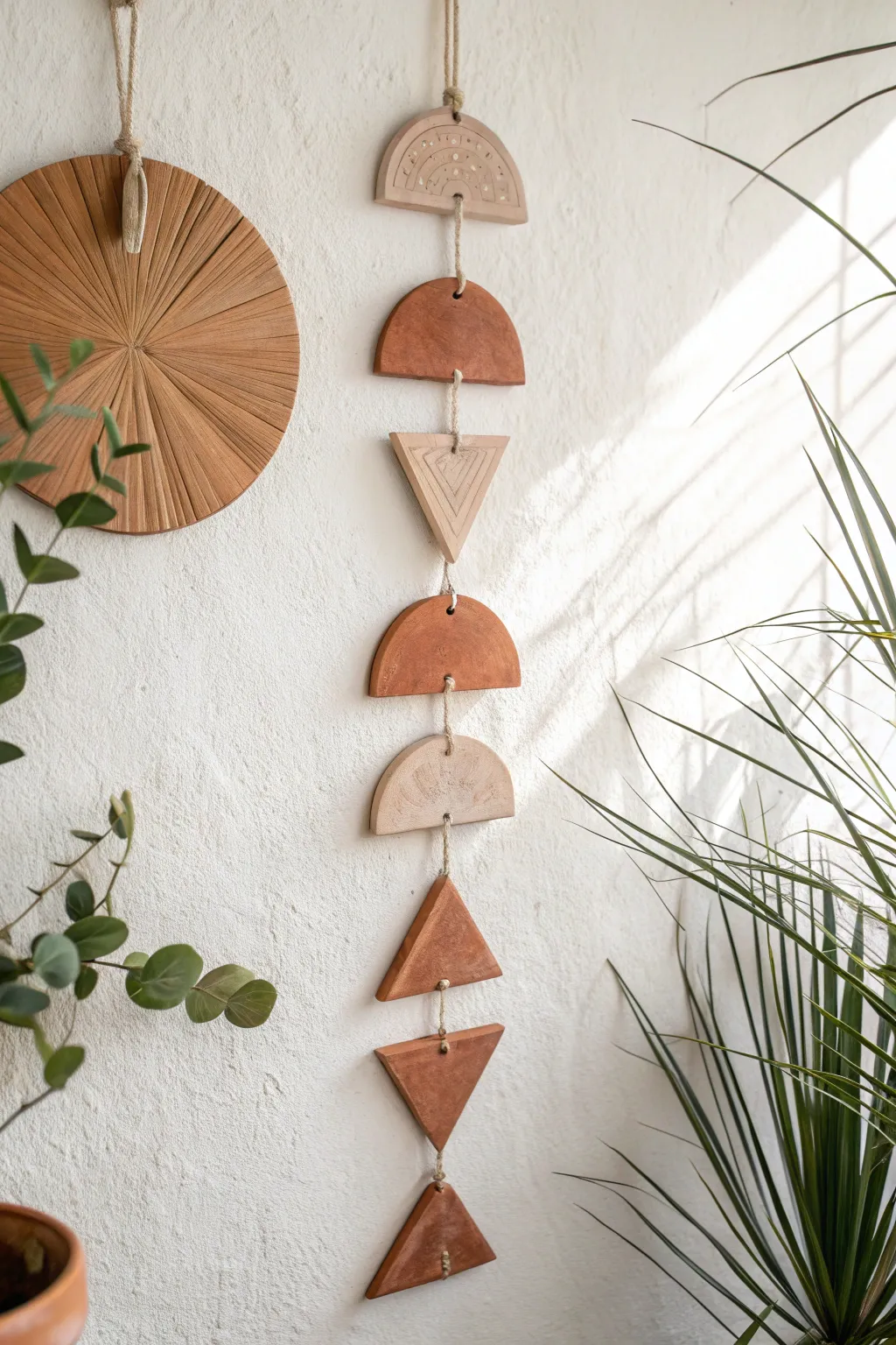 Minimal boho clay tile wall hanging in earthy tones, a simple craft that looks beautifully handmade