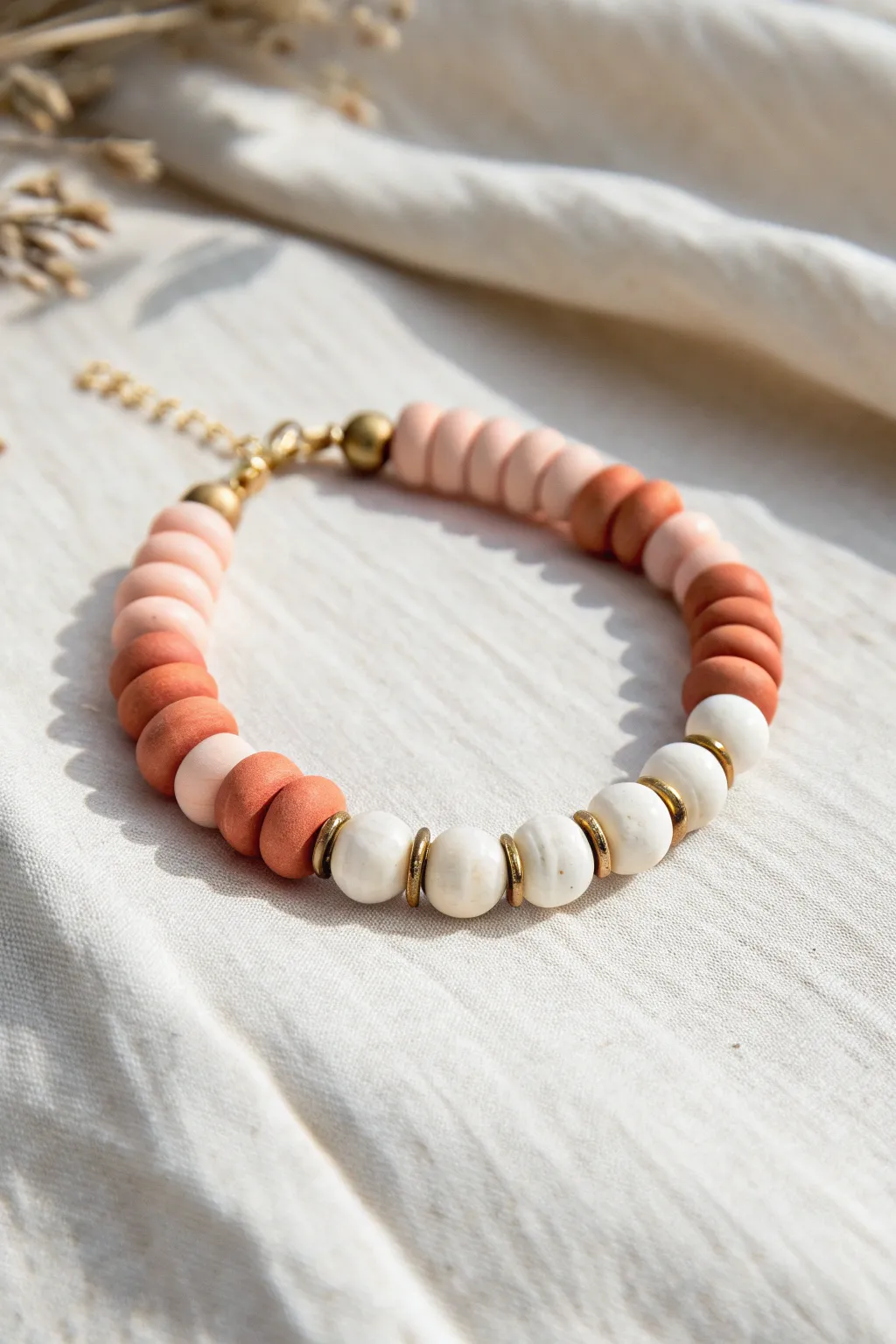 Color-blocked trio bracelet in blush, ivory, and terracotta for a clean boho-minimal look