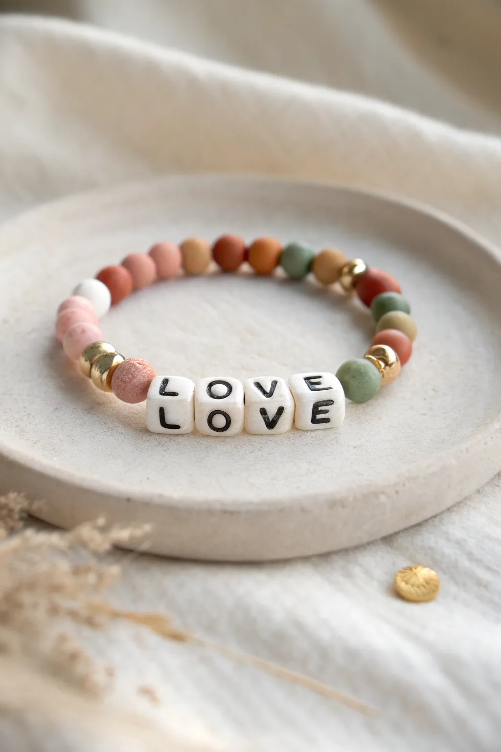 Scandi-minimal clay bead bracelet with a centered letter bead word bar and soft boho colors.