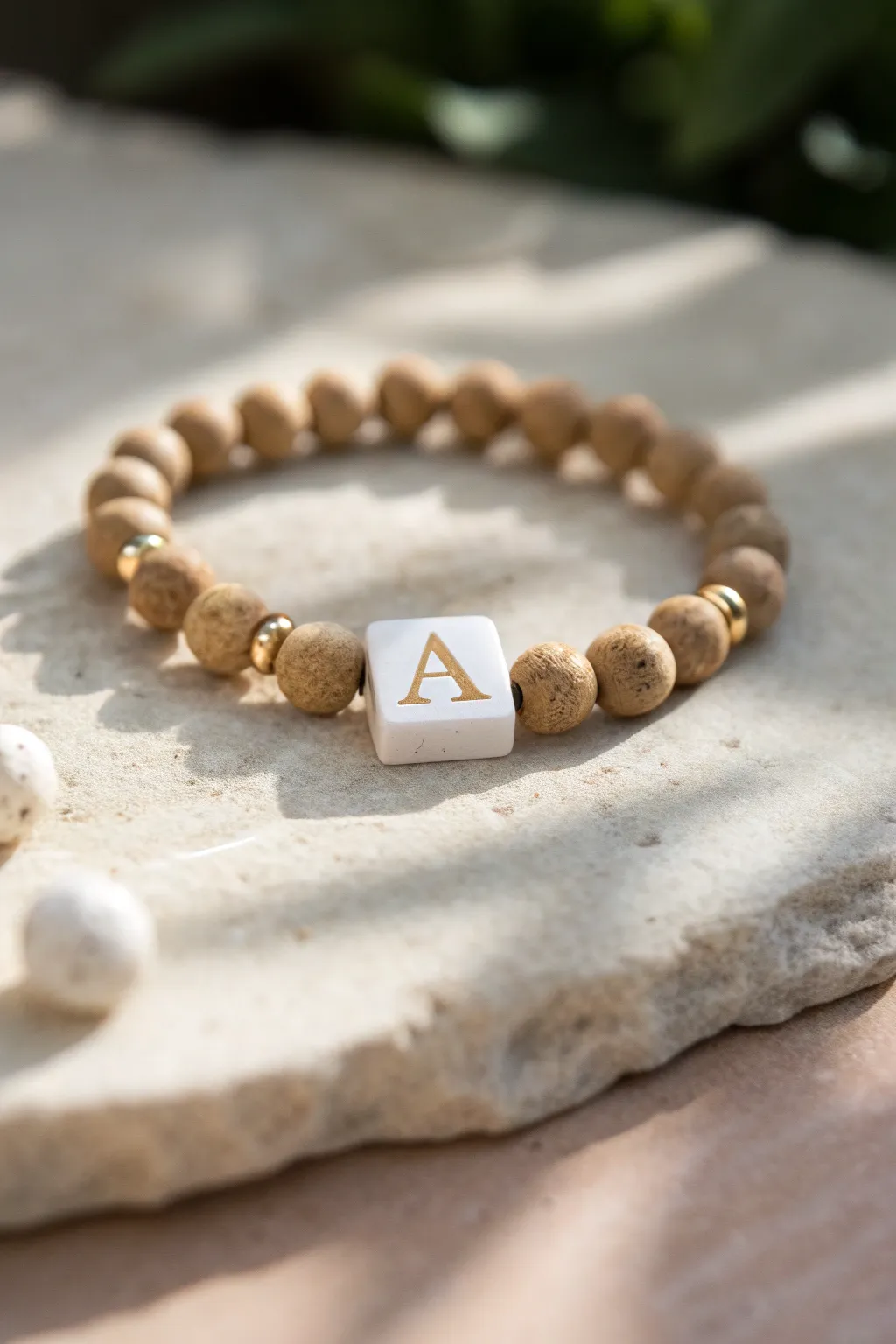 Minimalist clay disc bracelet with a single initial bead and gold spacers, calm and chic.
