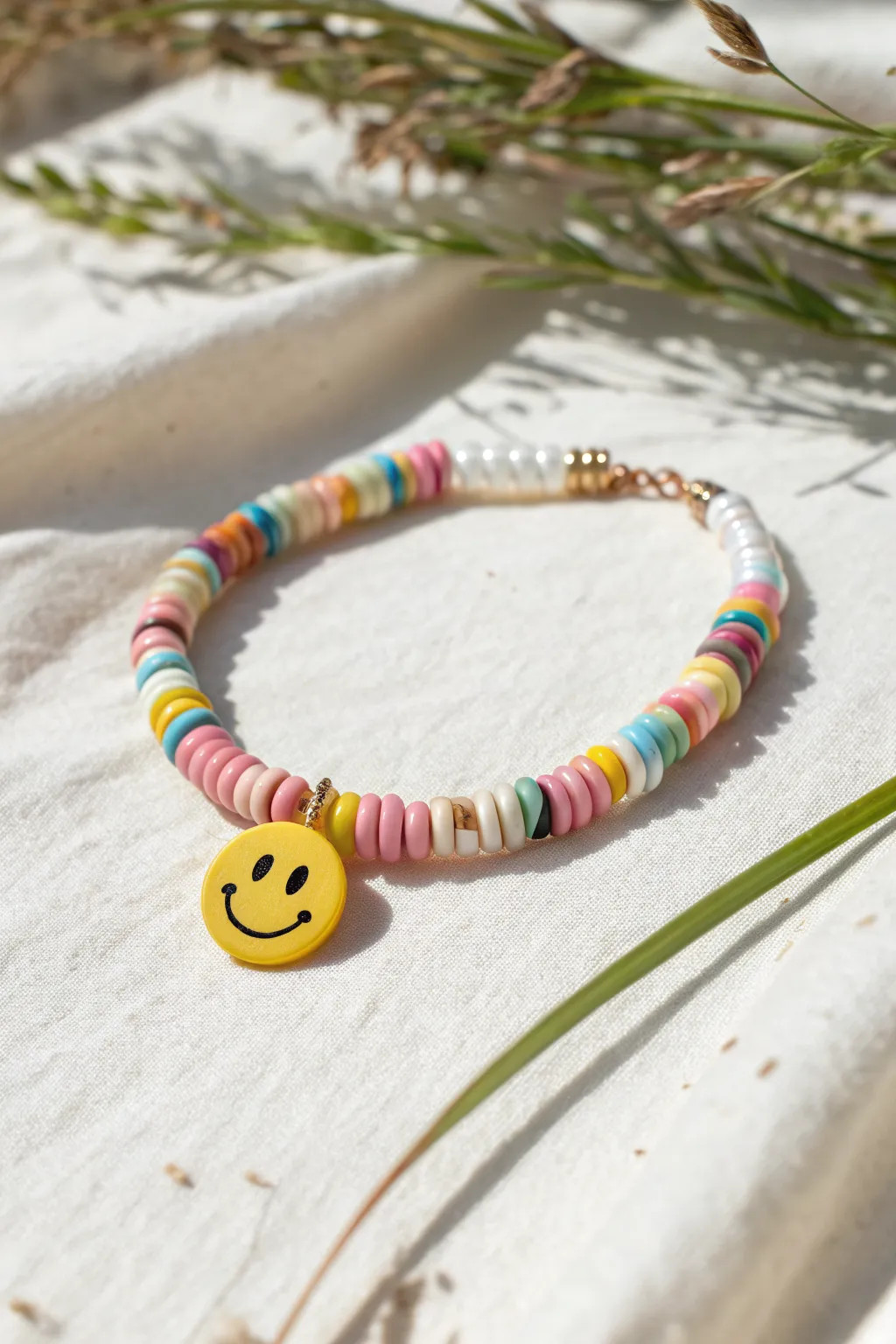 Smiley center clay heishi bracelet with sunny shadows for the perfect carefree summer vibe