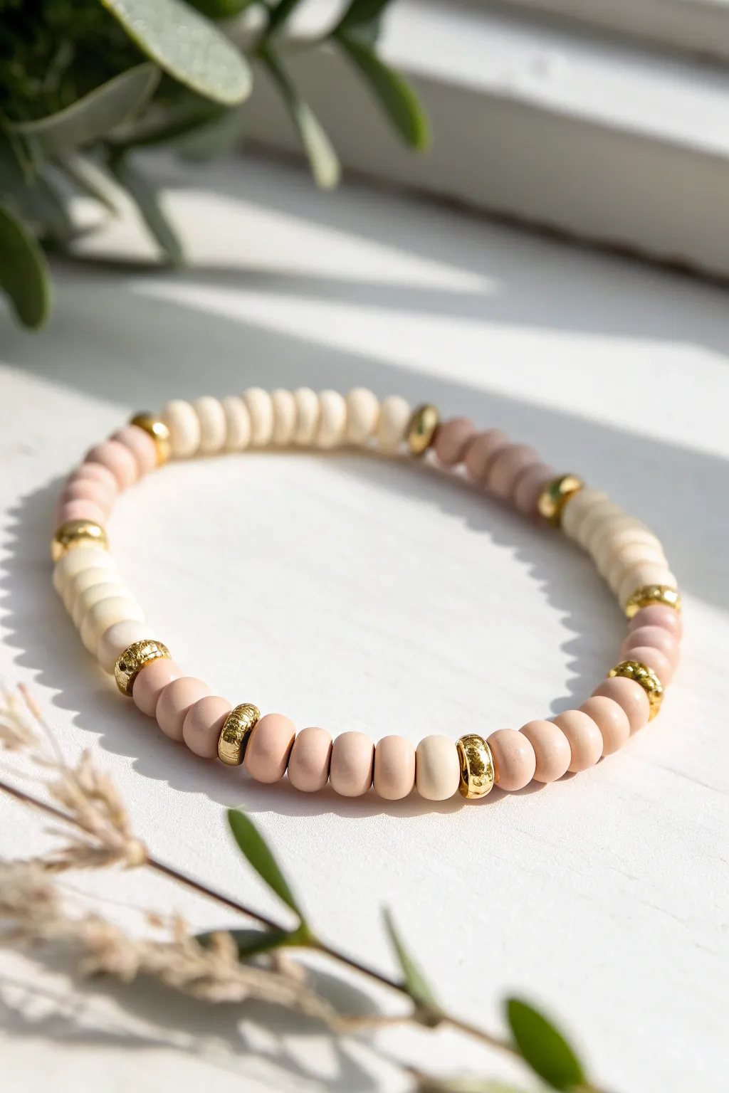 An elevated basic: soft clay discs paired with evenly spaced gold spacers for a luxe finish