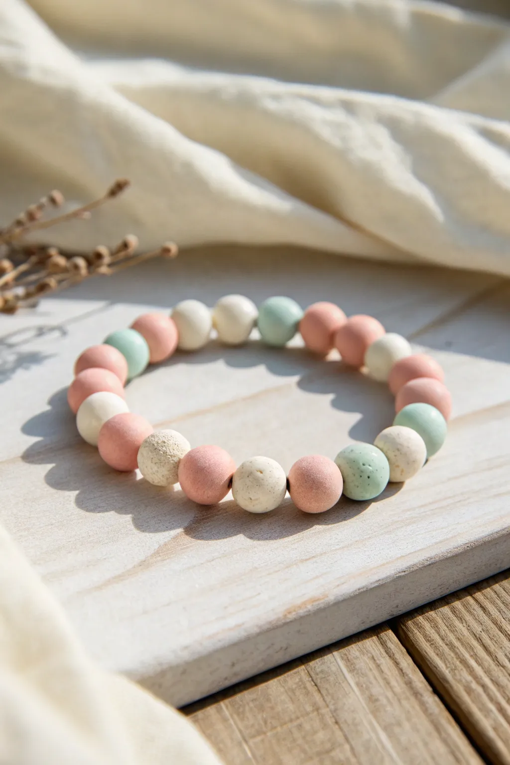Candy stripe clay bracelet with bold pink, white, and mint blocks for a clean modern look