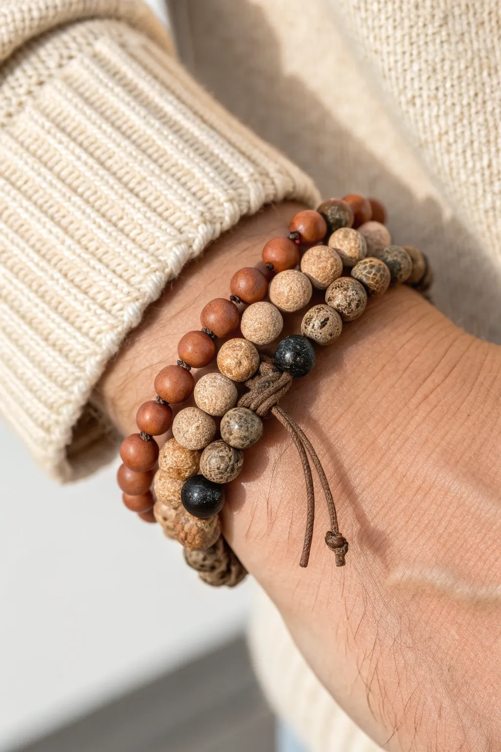Double-strand clay bead bracelet with a clean sliding knot, minimal and rugged for everyday wear.