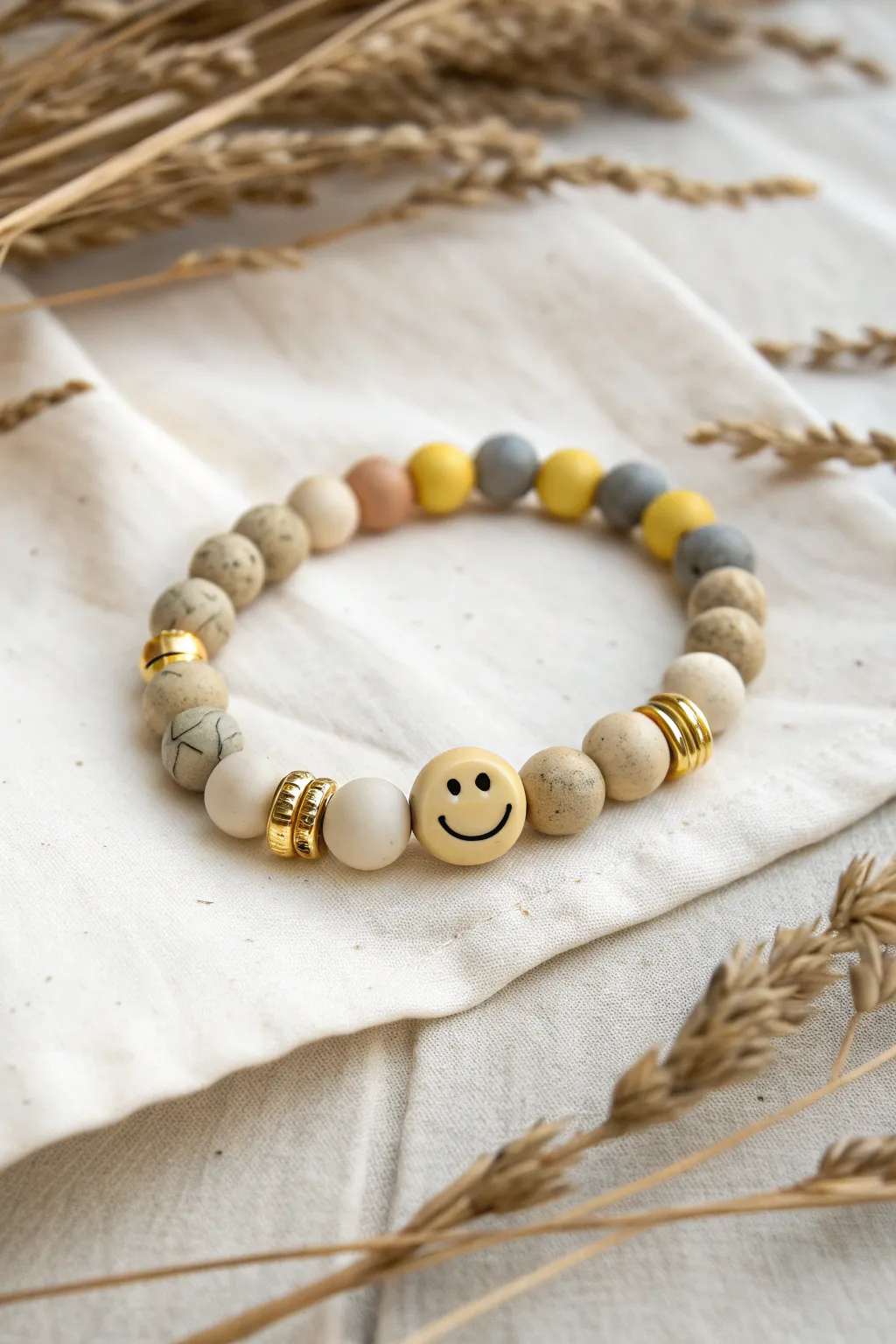 Neutral clay bead bracelet with a sweet smiley center and brushed gold bookends.