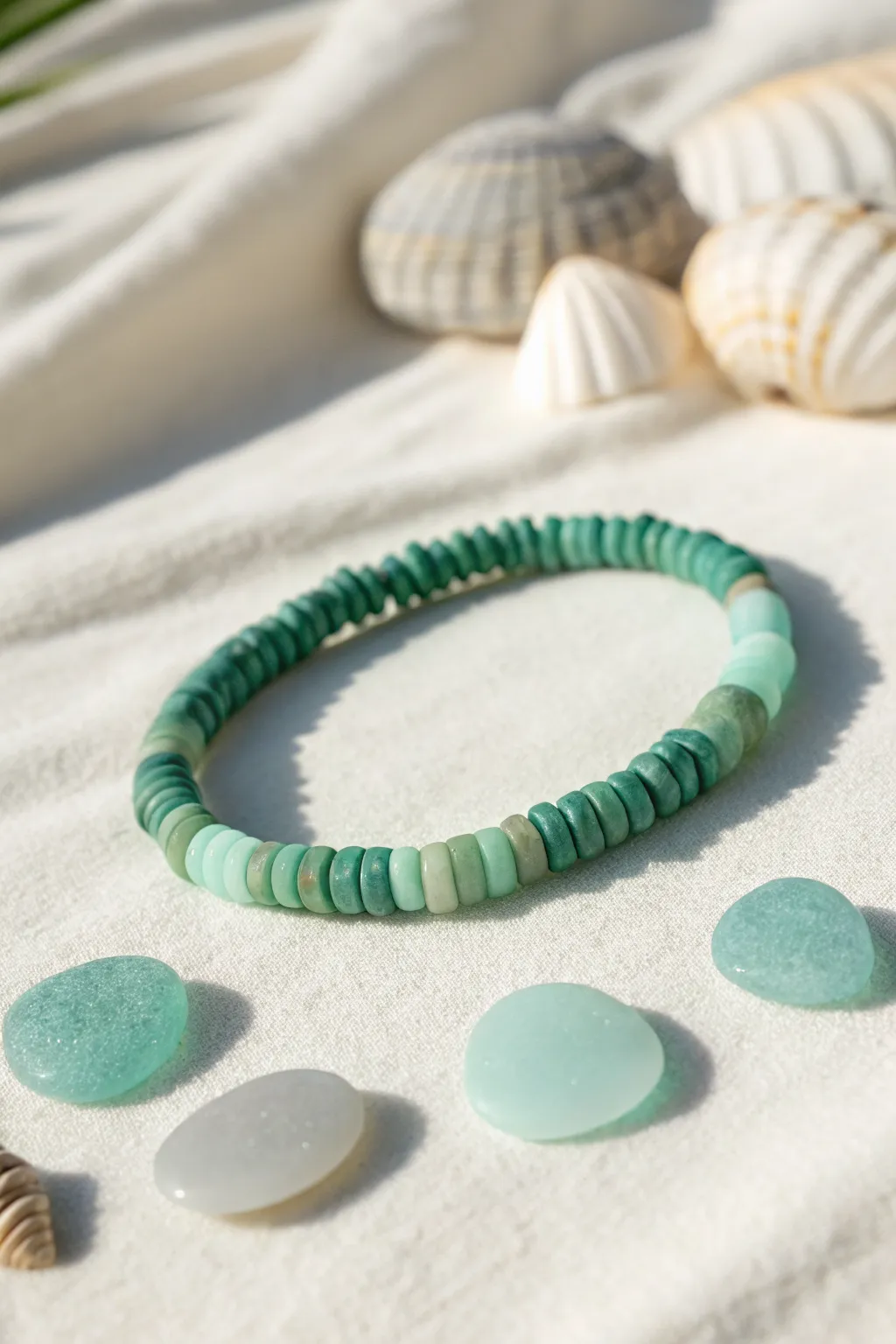 Sea-glass greens and aquas: a breezy clay heishi bracelet for effortless summer beach style.