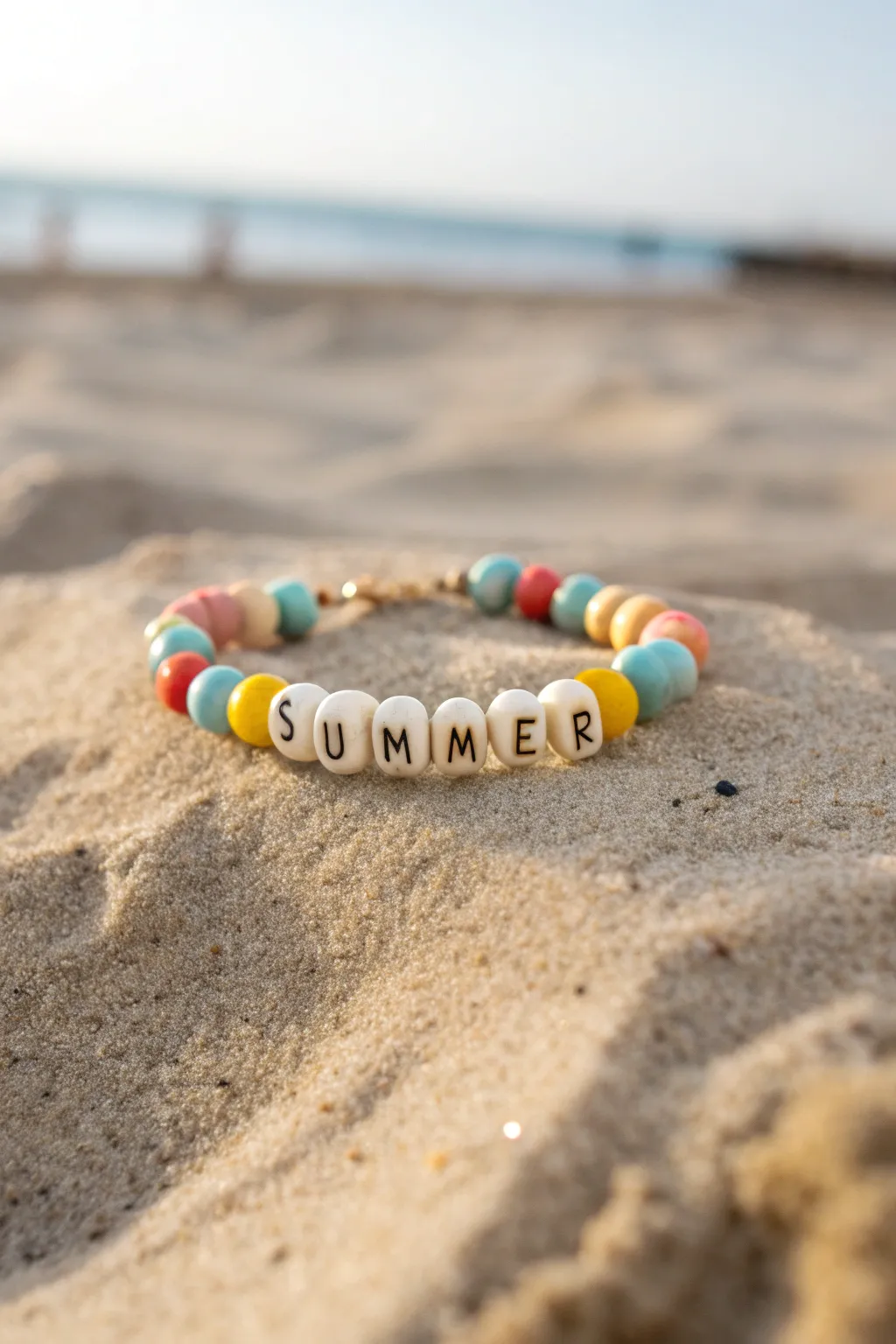 Sun-kissed clay disc bracelet with SUMMER letter beads, perfect for easy DIY beach style