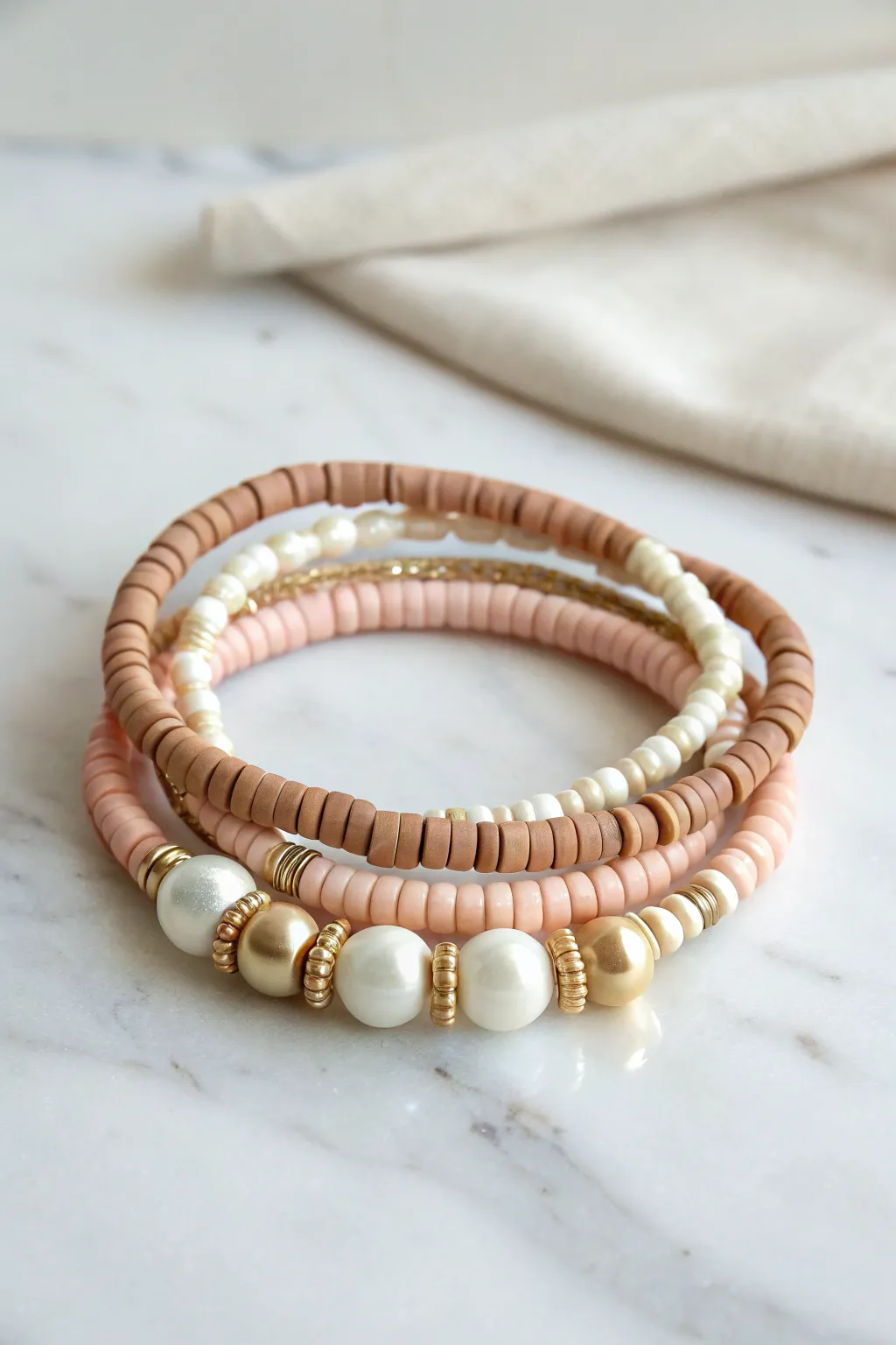 Minimal heishi and pearl accents stacked for a luxe boutique look on cool marble background.