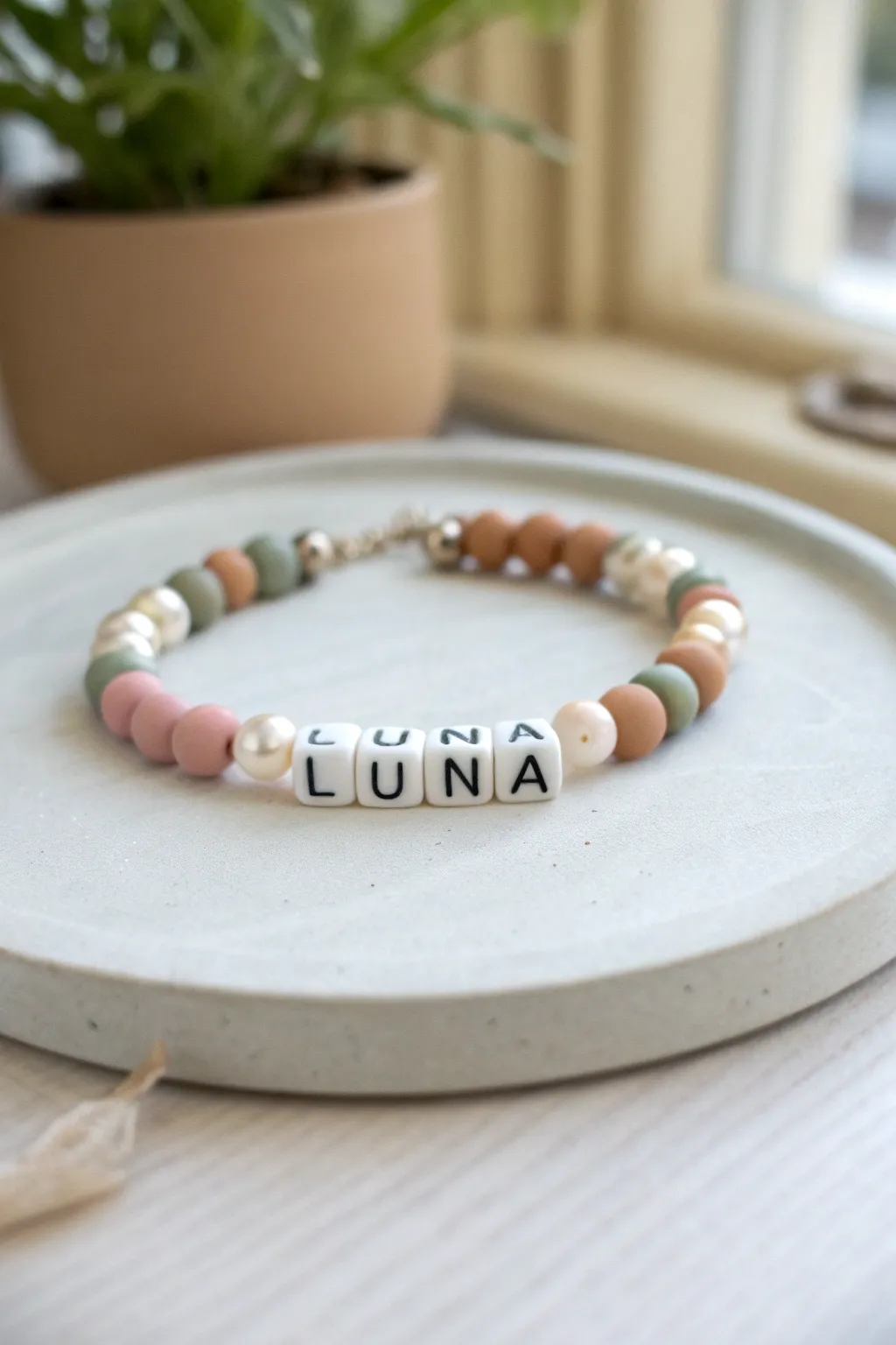 Name bead bracelet framed by pearls and soft clay discs, minimalist boho style with handmade charm
