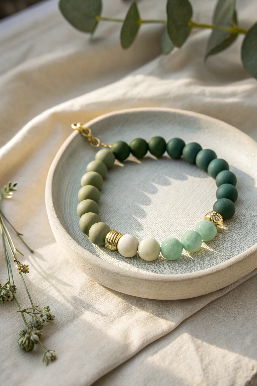 Monochrome green clay bead bracelet, forest to mint gradient with no white for a clean look