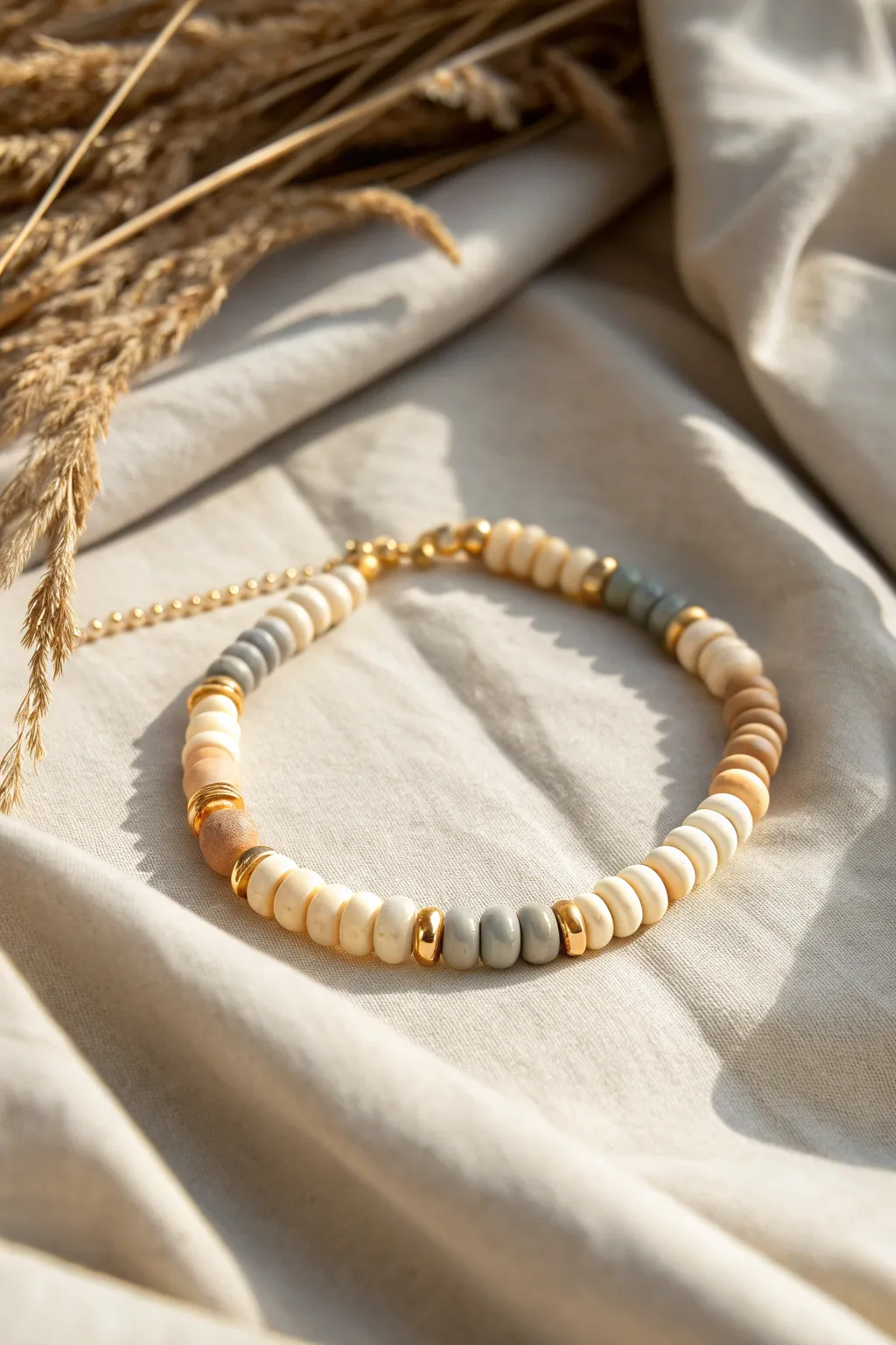 Neutral heishi clay beads with spaced gold accents for a simple, elevated bracelet look