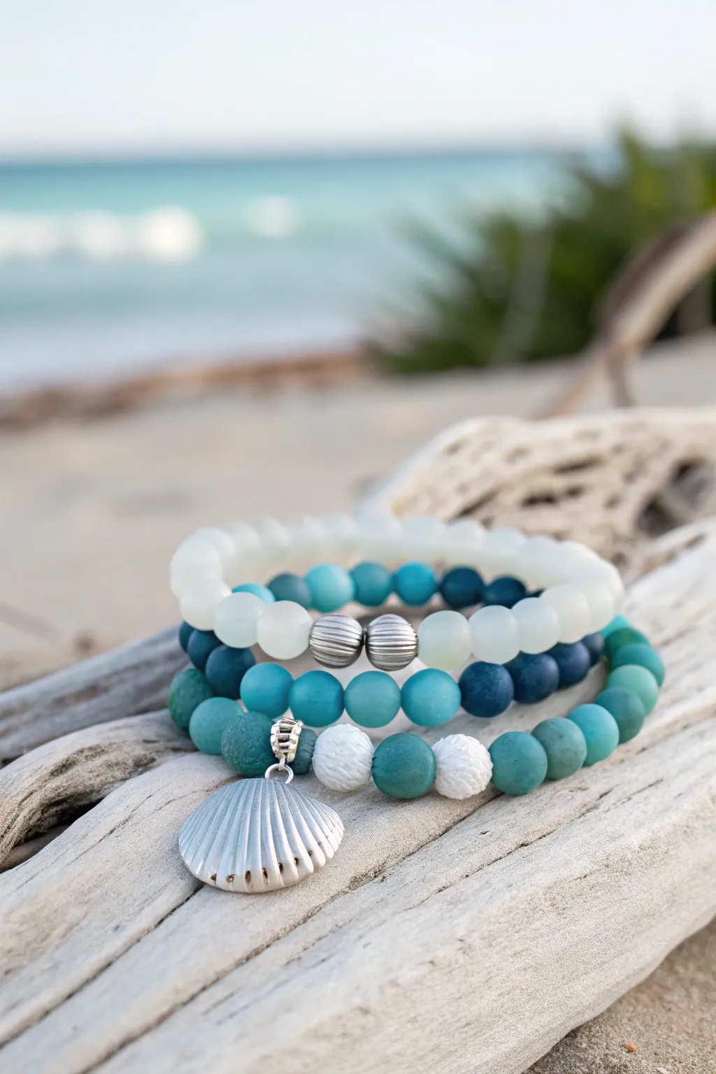 Ocean palette clay bead bracelet stack in blues, teal, and white with a simple sea charm