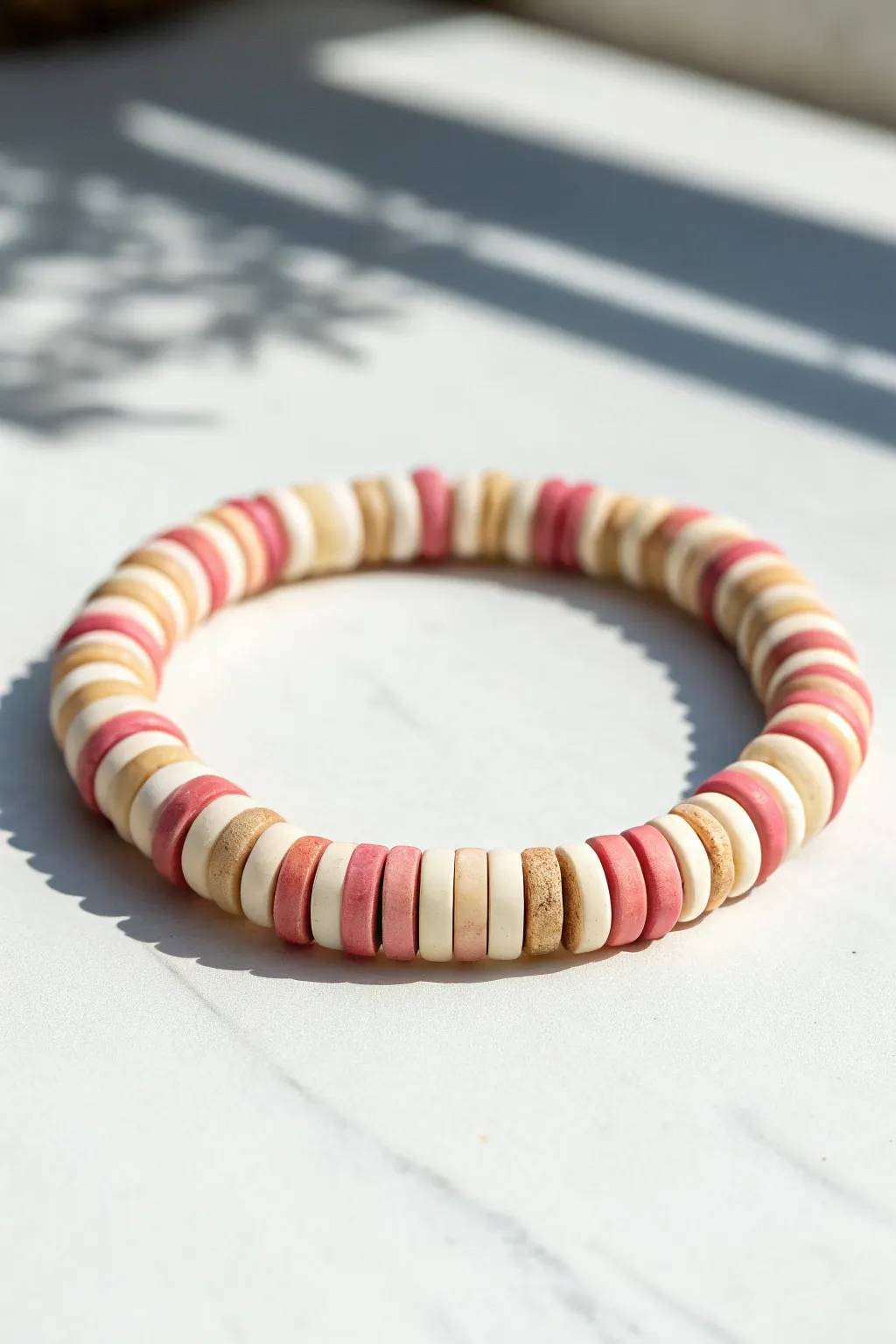 Candy stripe clay disc bead bracelet in blush and ivory, clean minimalist rhythm with boho charm