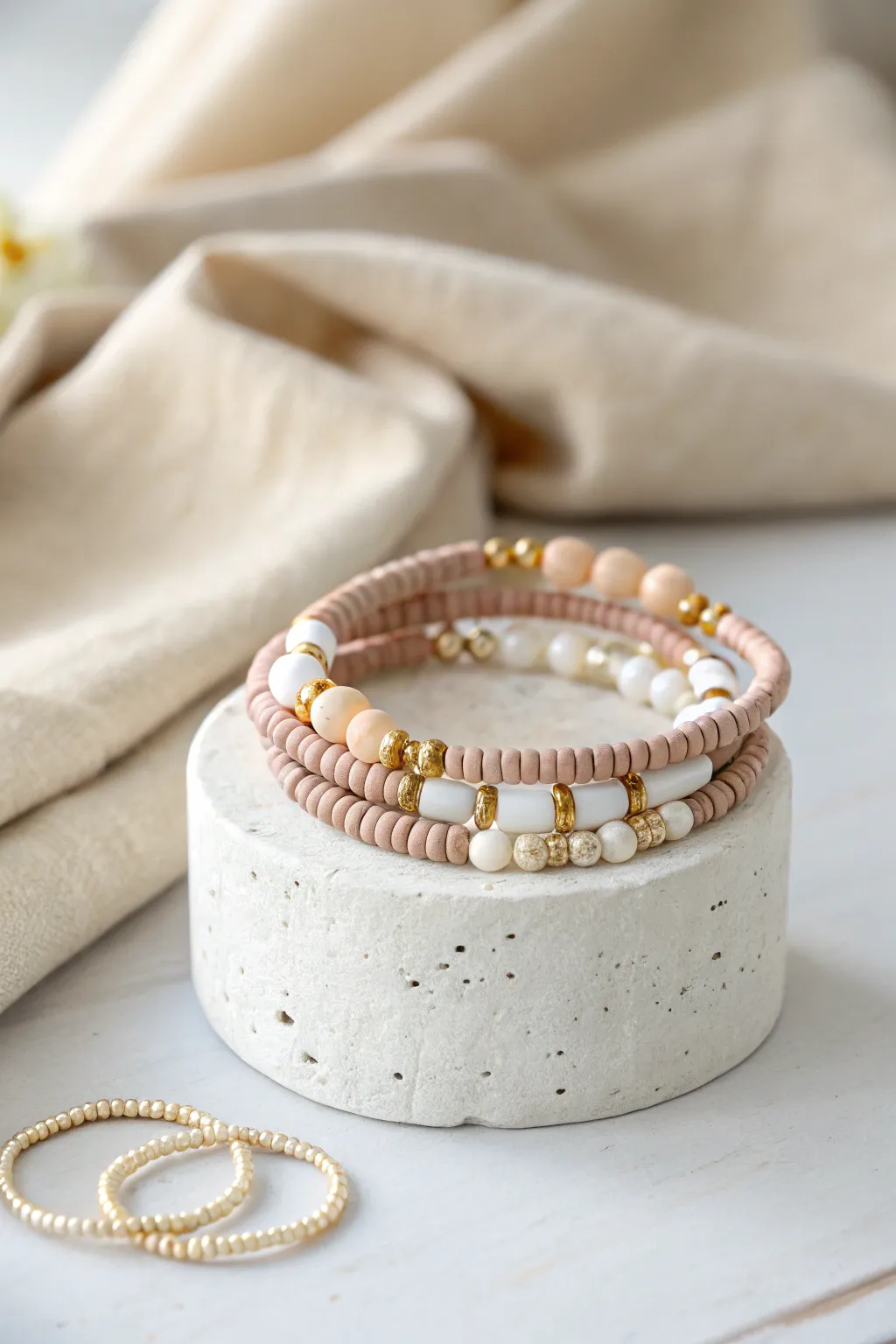 Dressy stack: matte clay heishi beads mixed with tiny pearls for an elegant handmade look