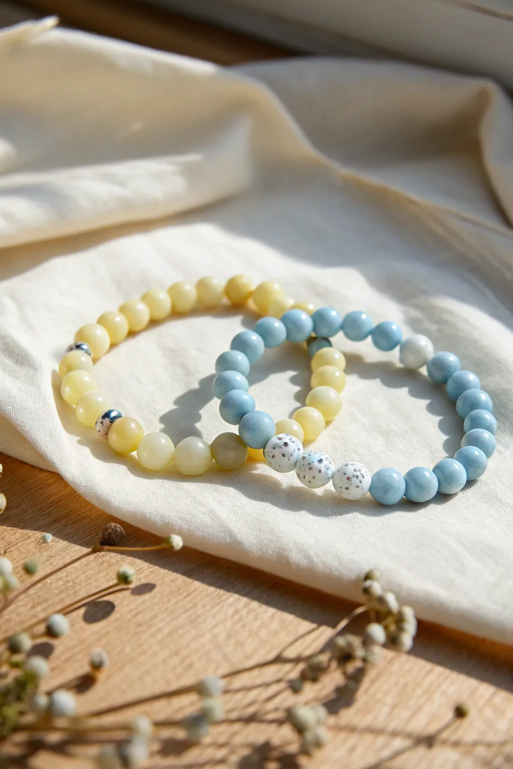 Lemon and sky blue clay bead bracelet duo with crisp white spacers for an airy, fresh look