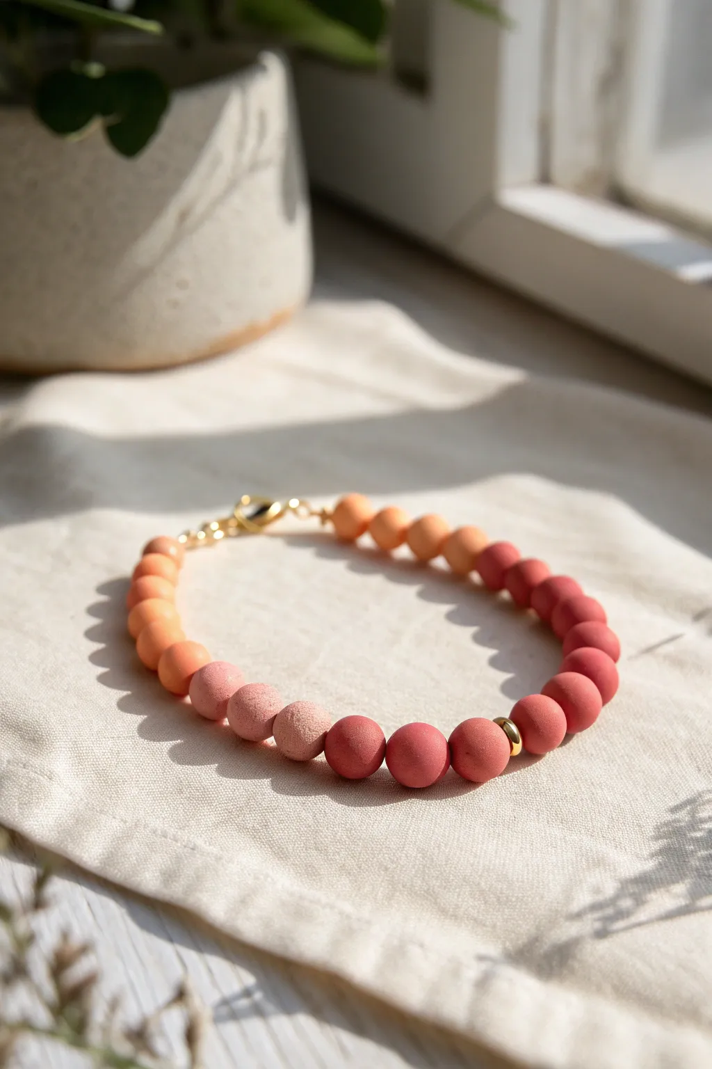 Sunset ombré clay bead bracelet, fading from peach to berry in warm natural light