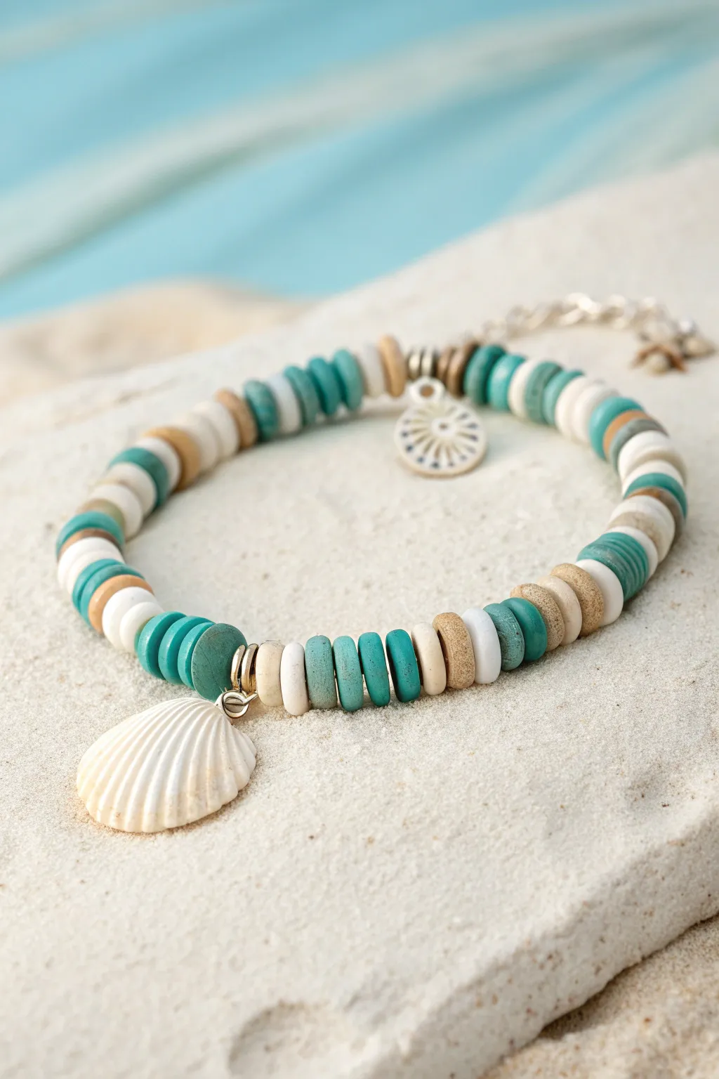 Beachy clay bead bracelet in aqua, teal, white, and sand tones with a simple shell charm.