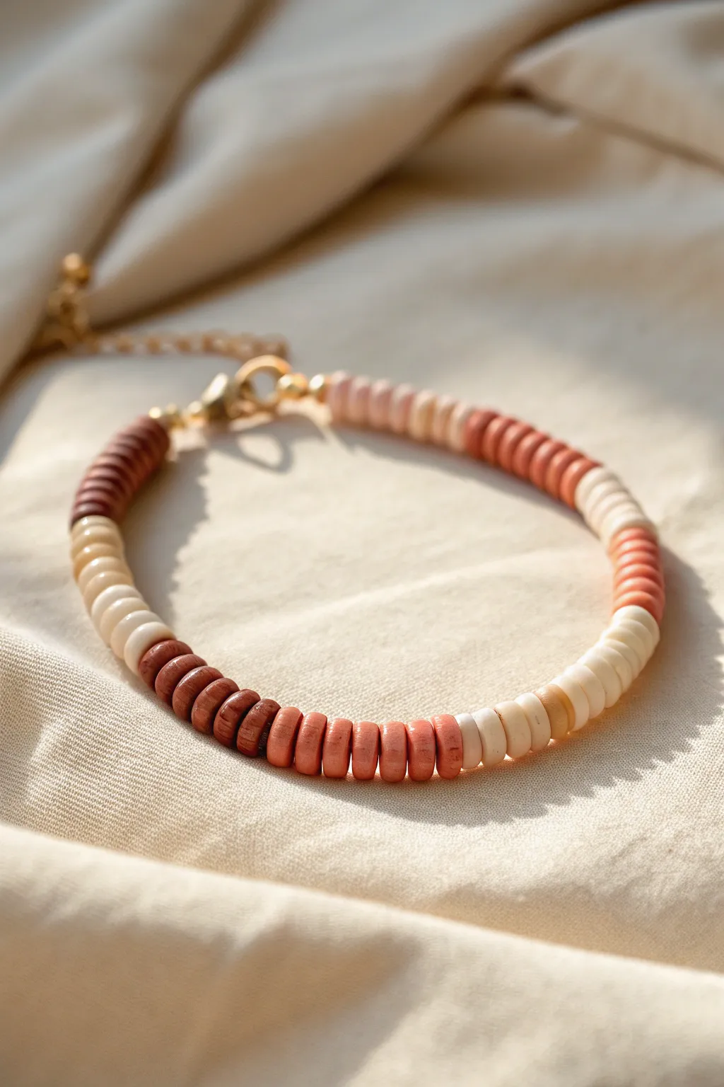 Smooth ombre heishi bracelet from deep terracotta to blush, minimalist and softly boho