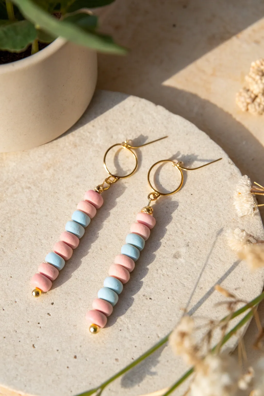 Soft pastel checkerboard clay bead dangles, minimalist and boho, perfect for a sweet handmade look