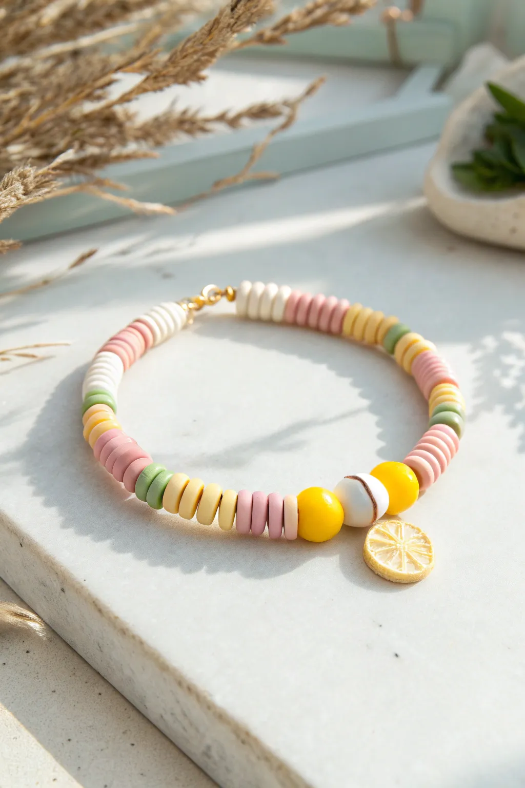 Minimalist clay bead friendship bracelet with a tiny lemon accent, bright summer flatlay.