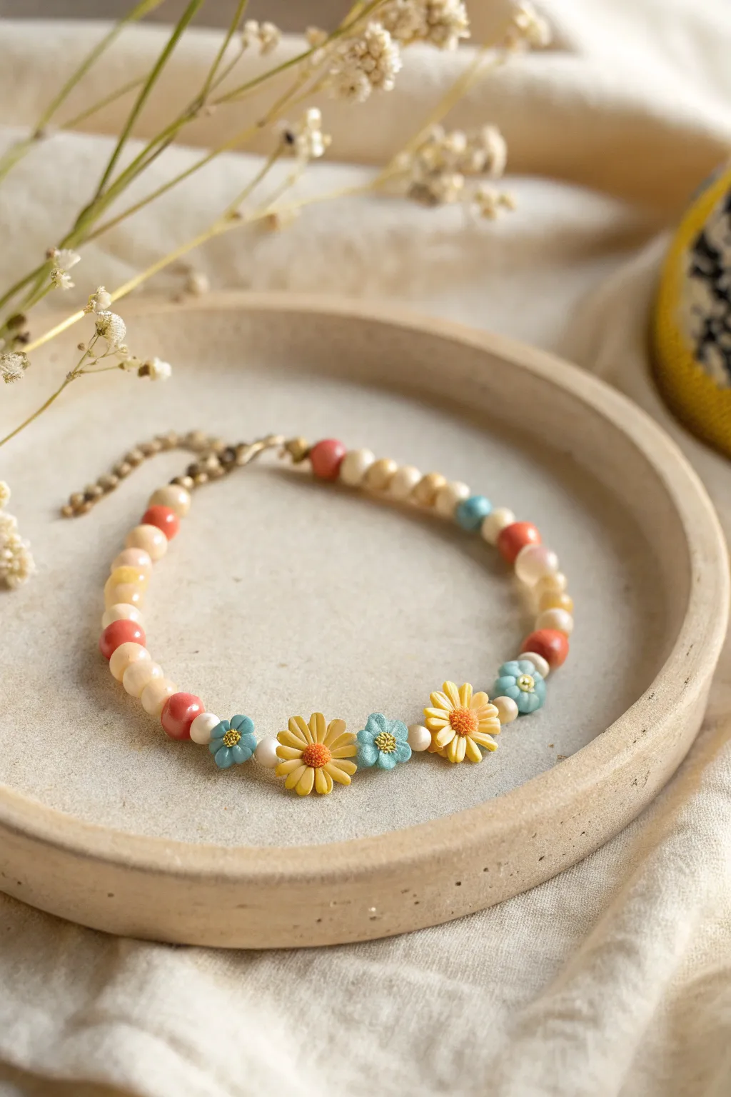 Sunny daisy spacer beads meet playful polymer clay rounds for an easy, happy bracelet.