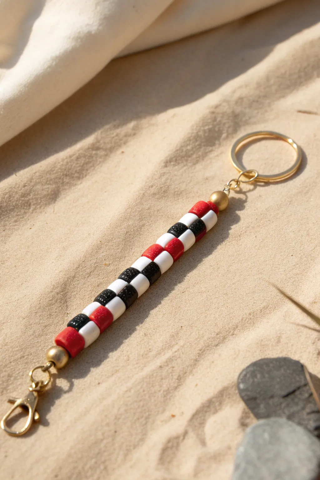 Bold checkerboard heishi bead keychain in earthy tones, minimal style with a warm boho touch
