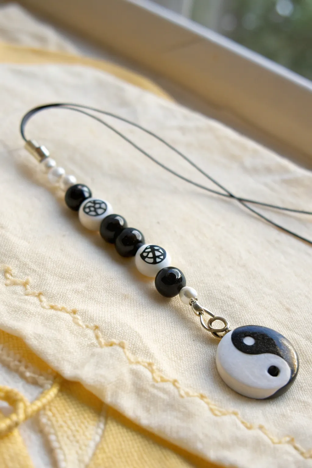 Bold yin-yang phone charm with black and white heishi beads for instant contrast and calm.